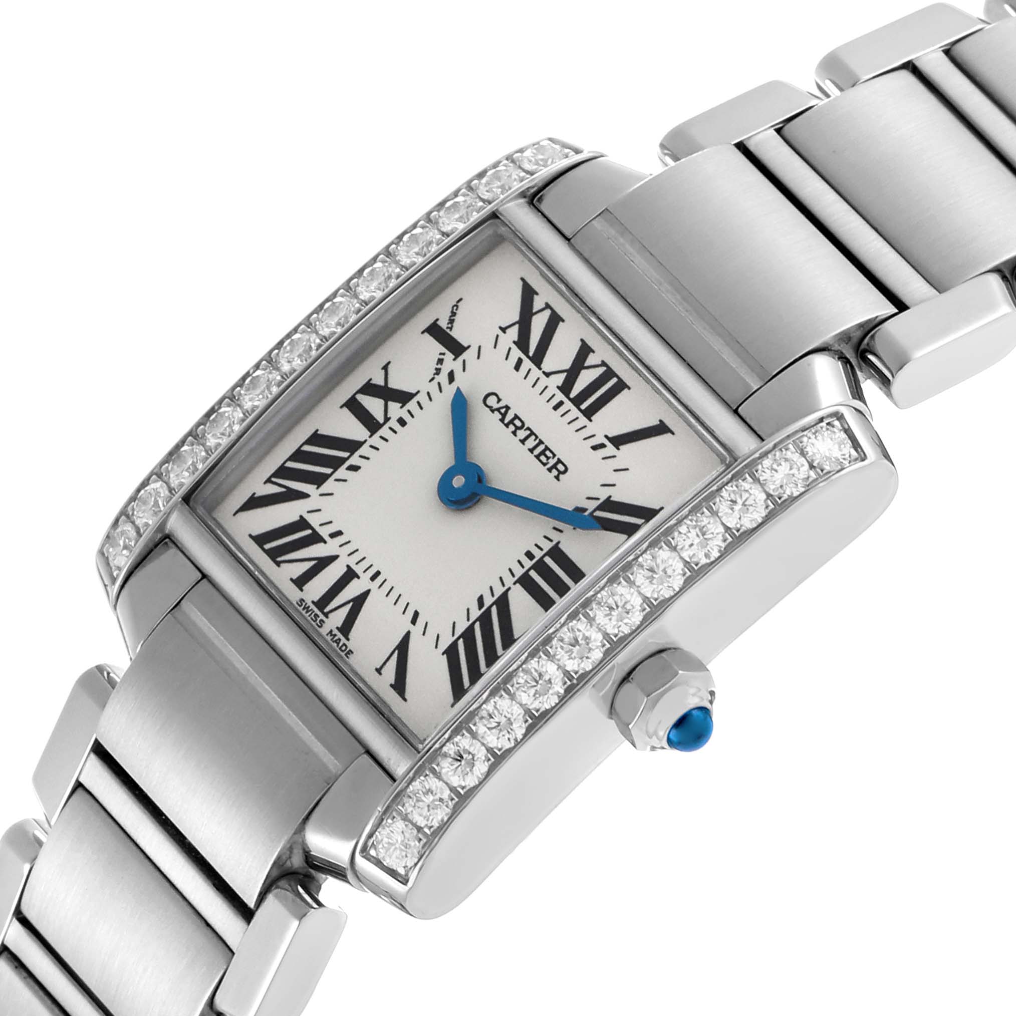 The Cartier Tank Française watch is shown at an angled view, highlighting its rectangular face, Roman numerals, diamond accents, and steel bracelet.