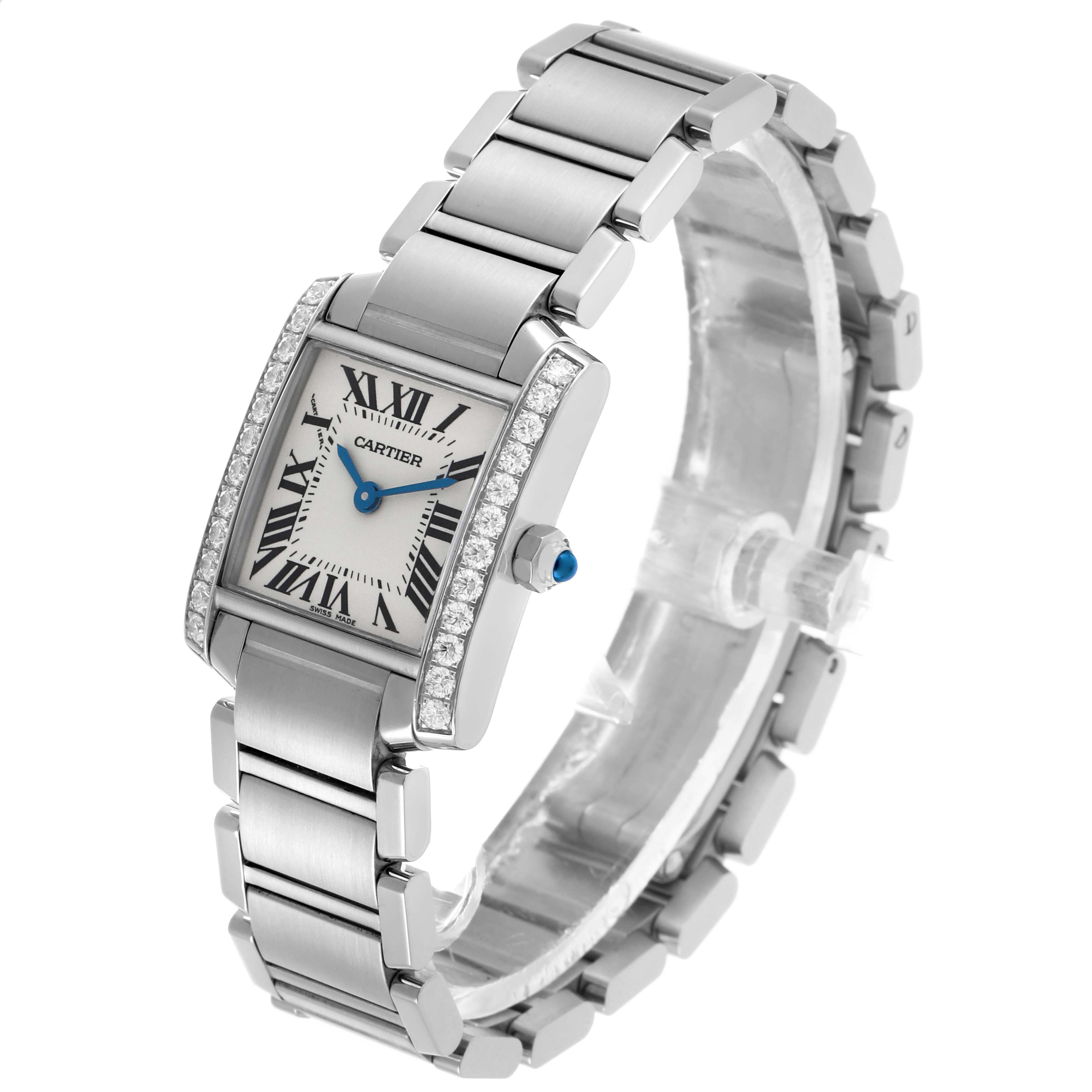 The Cartier Tank Francaise W4TA0008 Women's Stainless Steel Silver Dial watch is shown at a three-quarter angle, highlighting the face, bezel, bracelet, and crown.