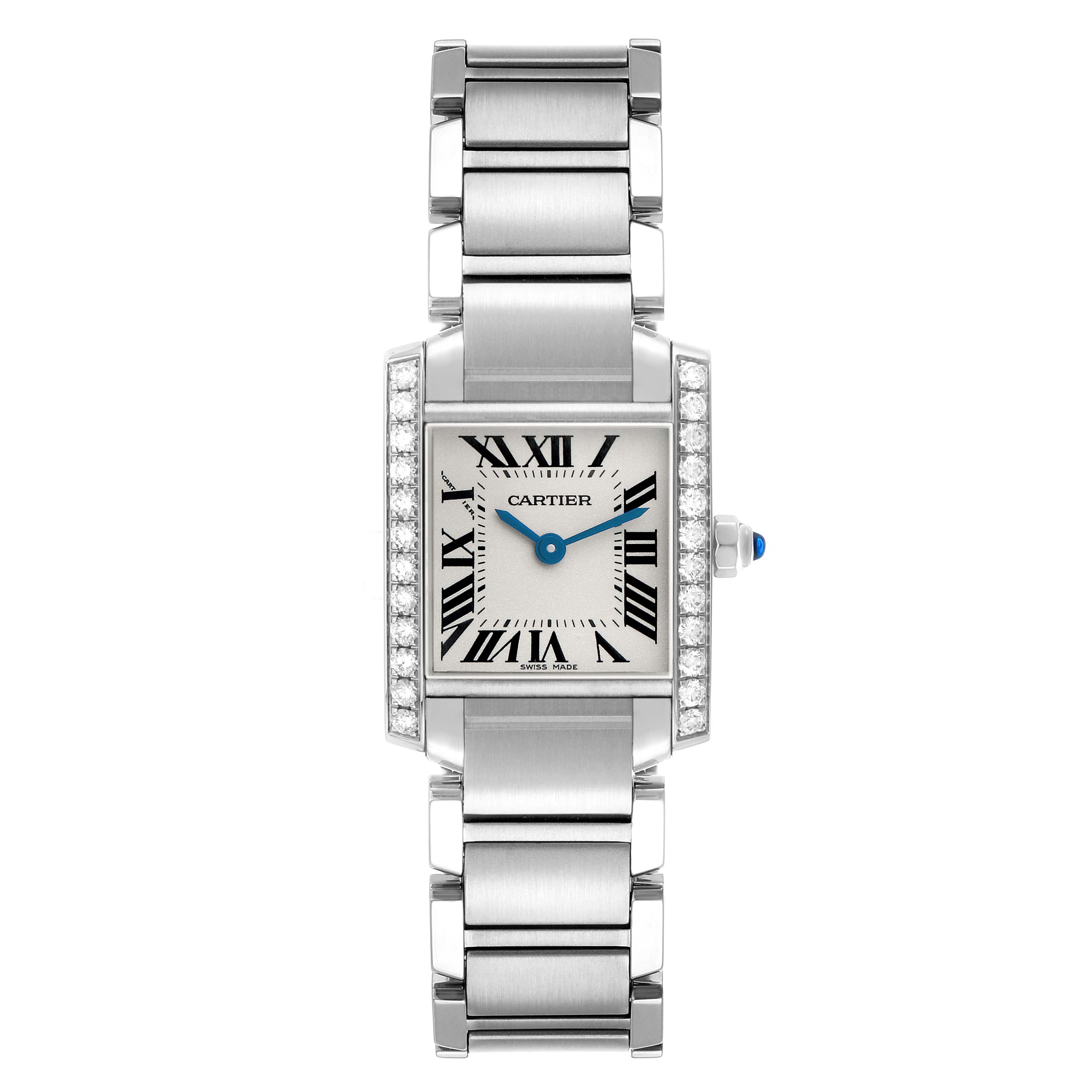 The Cartier Tank Française watch is shown from a top-down angle, displaying its face, bracelet, and iconic design elements.