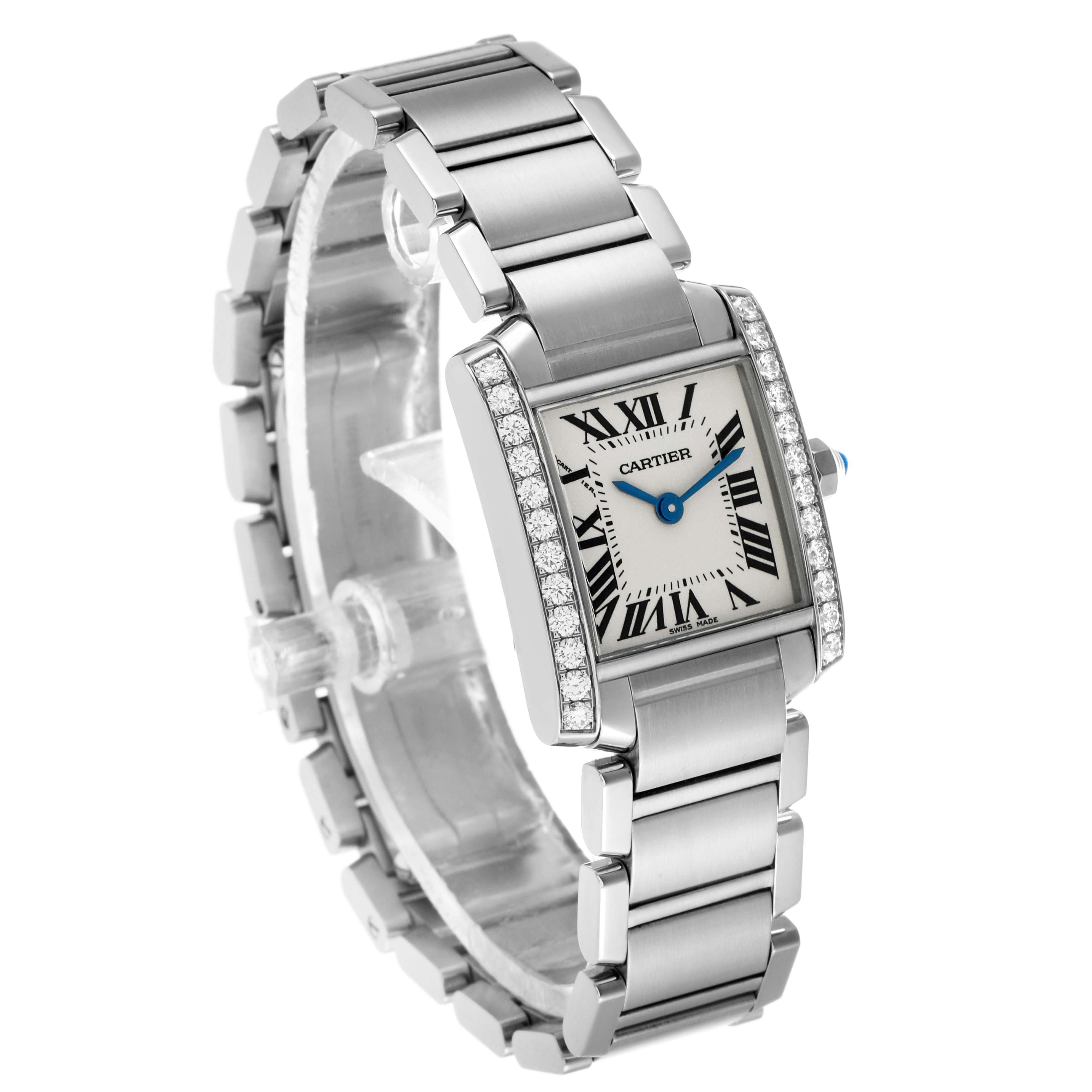 The Cartier Tank Française watch is shown from a front angle, highlighting its bracelet, face, and diamond-studded bezel.