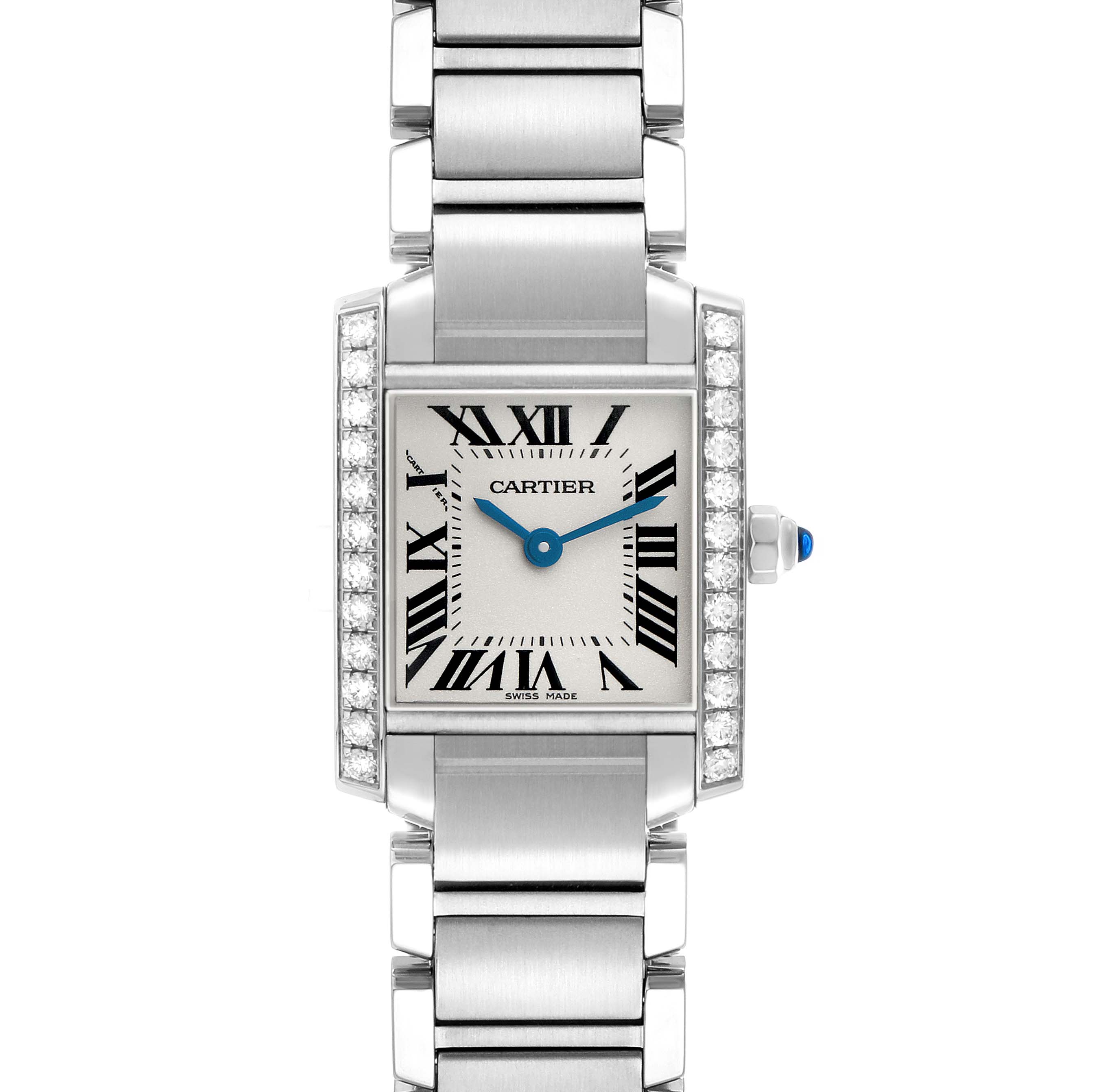 The Cartier Tank Française watch is shown from a front angle, highlighting its rectangular face, Roman numerals, and bracelet.