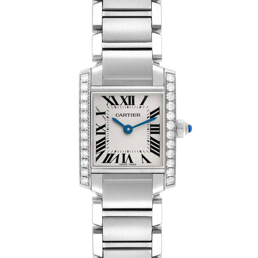 The Cartier Tank Française watch is shown from a front angle, highlighting its rectangular face, Roman numerals, and bracelet.
