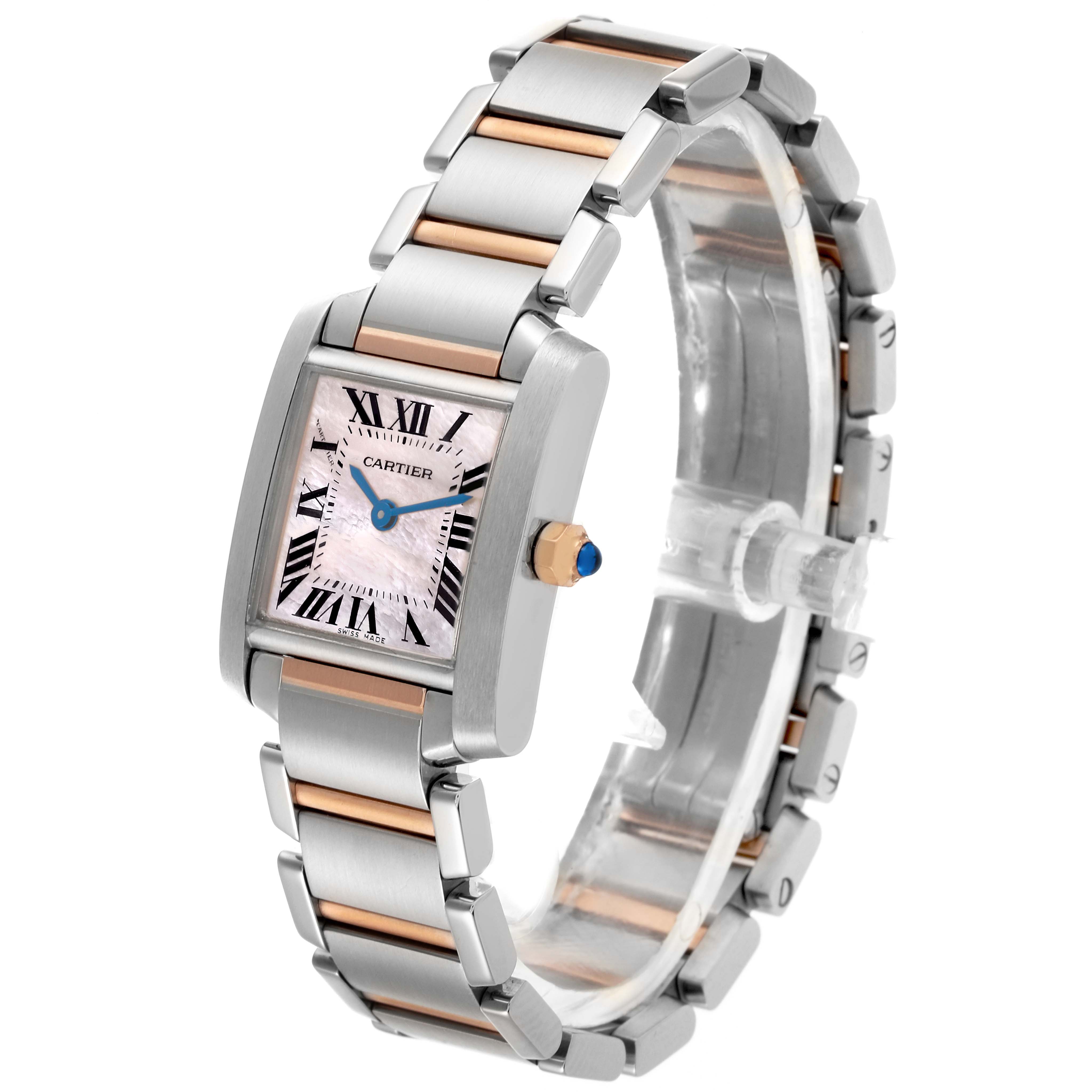 The Cartier Tank Française watch is shown at an oblique angle, highlighting its face, bezel, and two-tone bracelet.