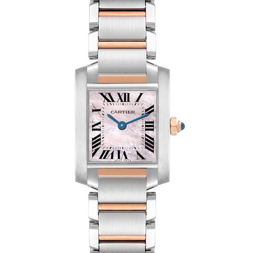 The Cartier Tank Française watch is shown from the front, highlighting its square face, Roman numerals, and two-tone bracelet.