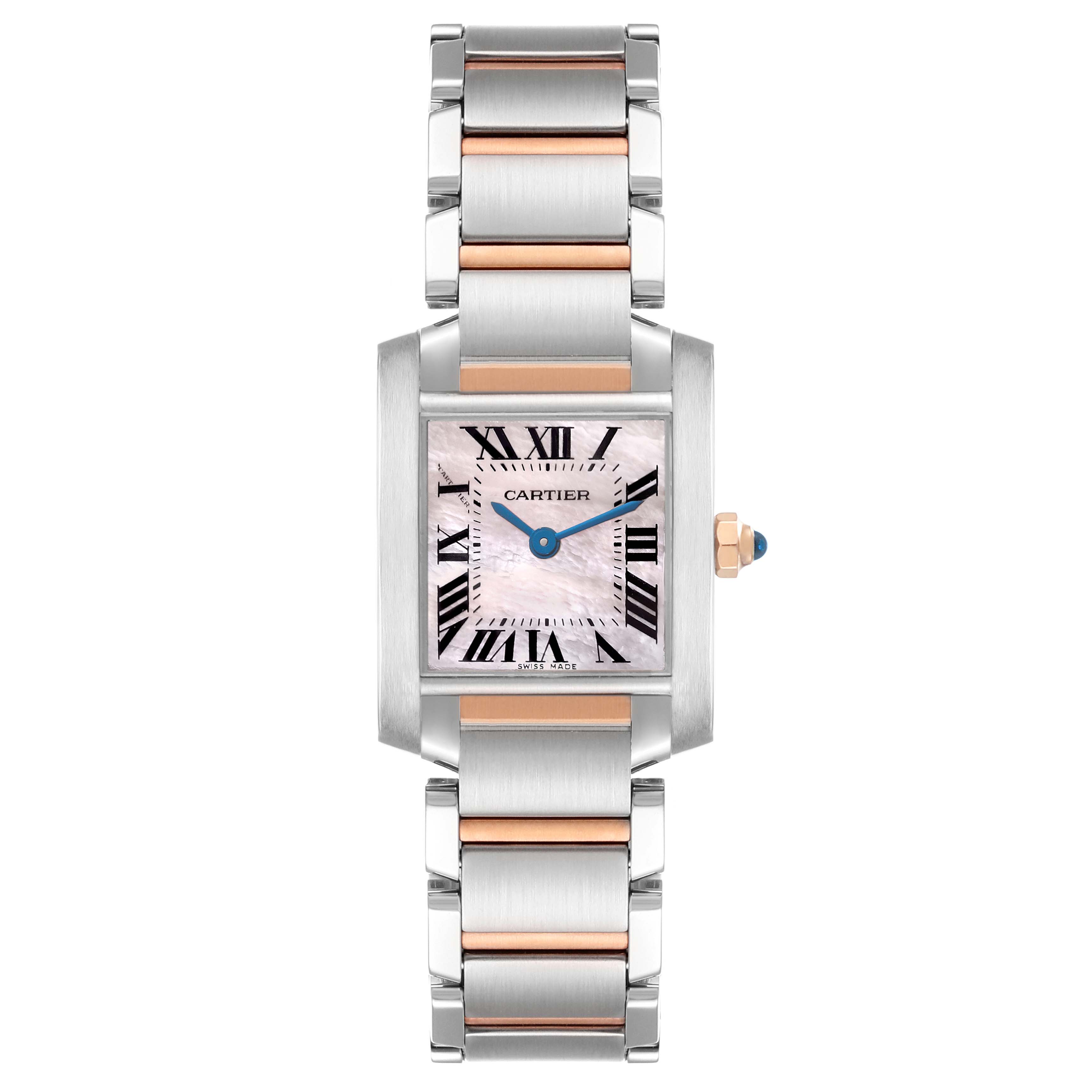 The Cartier Tank Francaise W51027Q4 Women's Steel and Gold (two tone) Mother of Pearl Dial W51027Q4 Women's Steel and Gold (two tone) Mother of Pearl Dial watch is shown from a top view, displaying its face, bracelet, and crown.