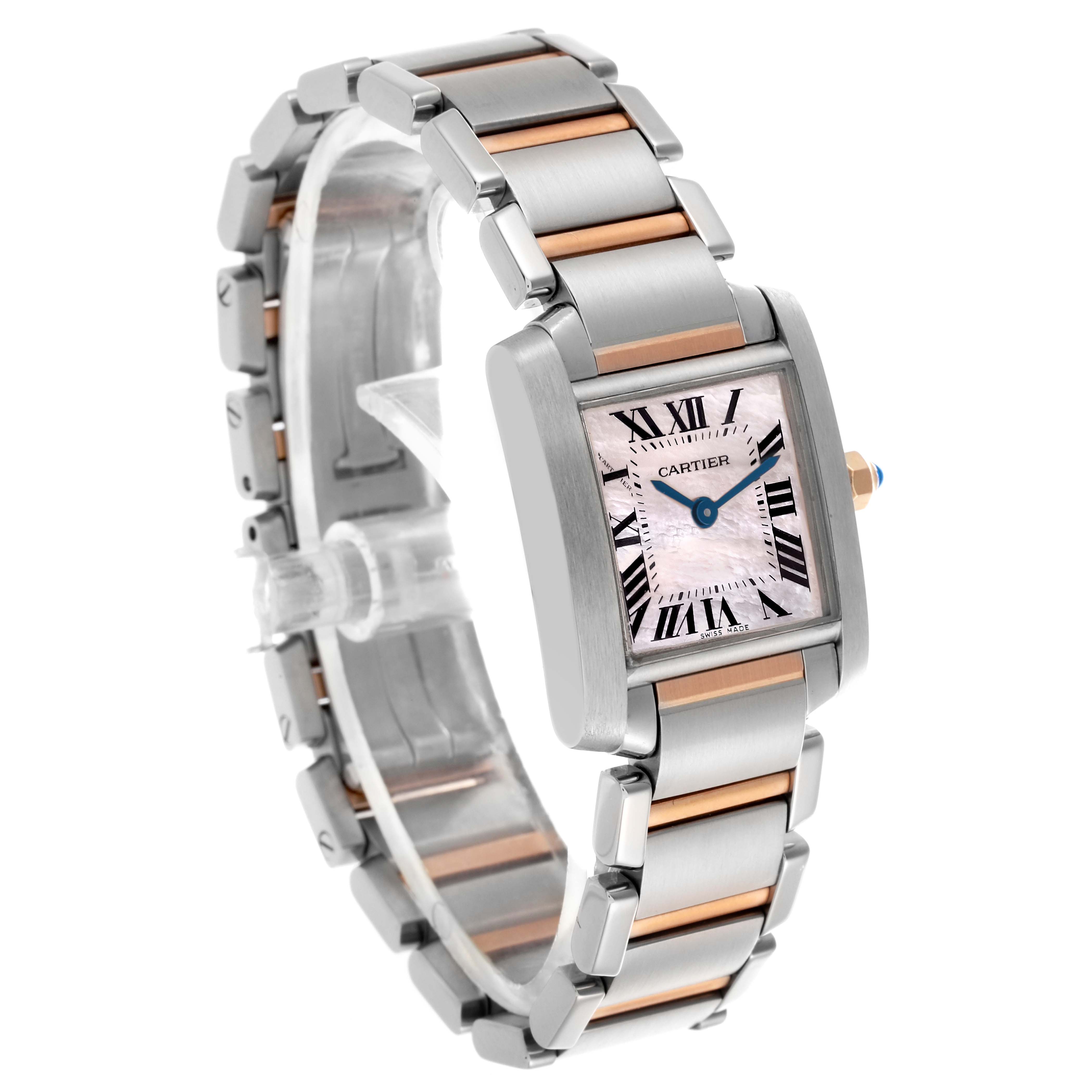 The Cartier Tank Francaise W51027Q4 Women's Steel and Gold (two tone) Mother of Pearl Dial W51027Q4 Women's Steel and Gold (two tone) Mother of Pearl Dial model is shown at a three-quarter angle, highlighting the face, strap, and side profile.