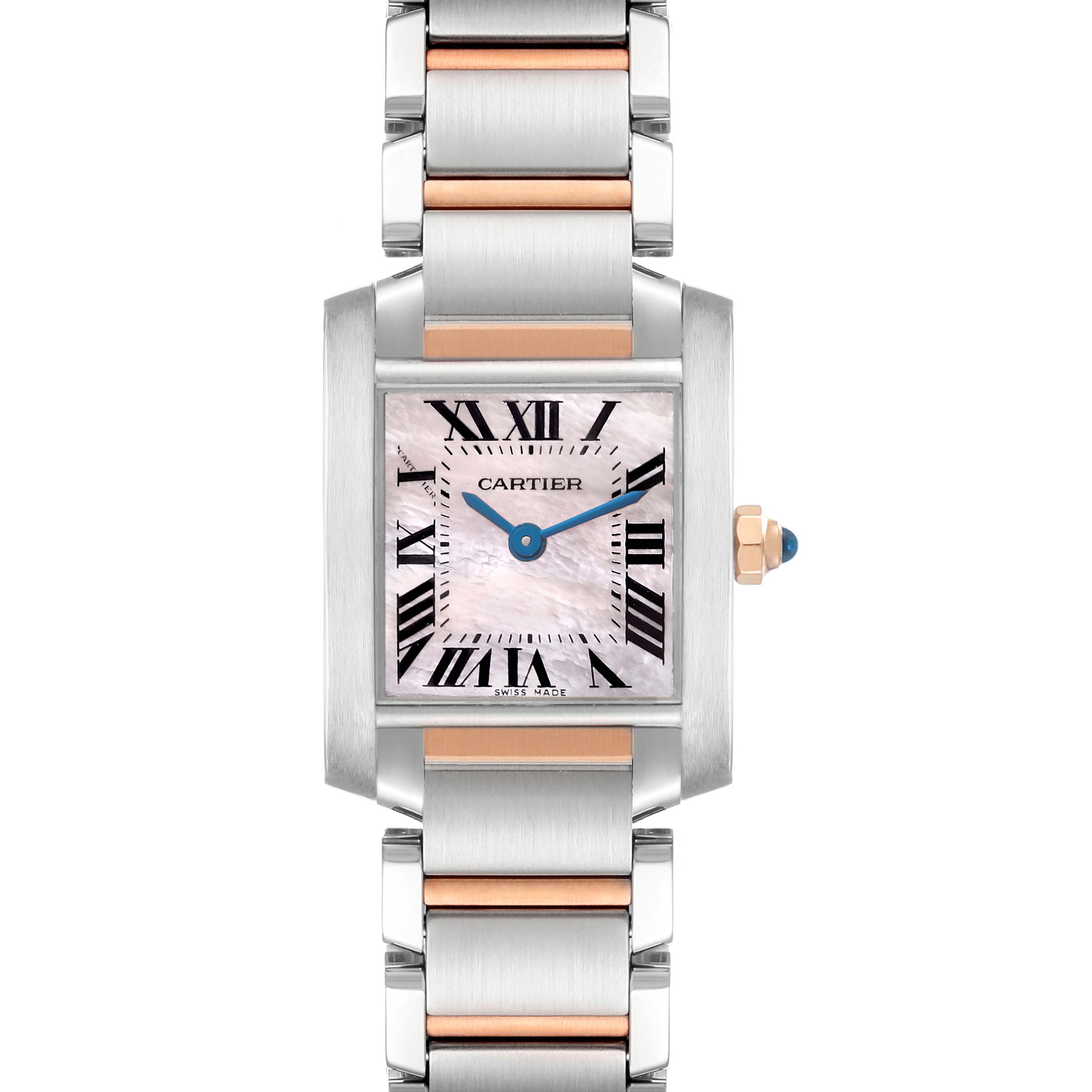 The Cartier Tank Française watch is shown from the front, highlighting the face, bracelet, and crown details.