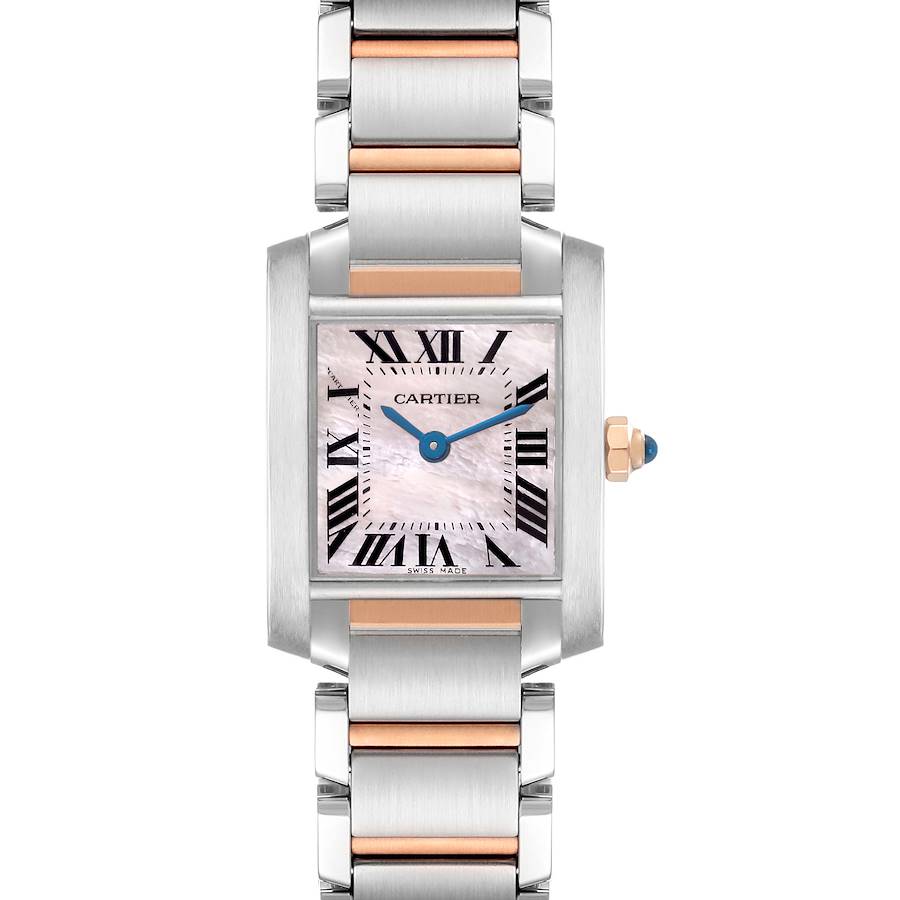 The Cartier Tank Française watch is shown from the front, highlighting the face, bracelet, and crown details.