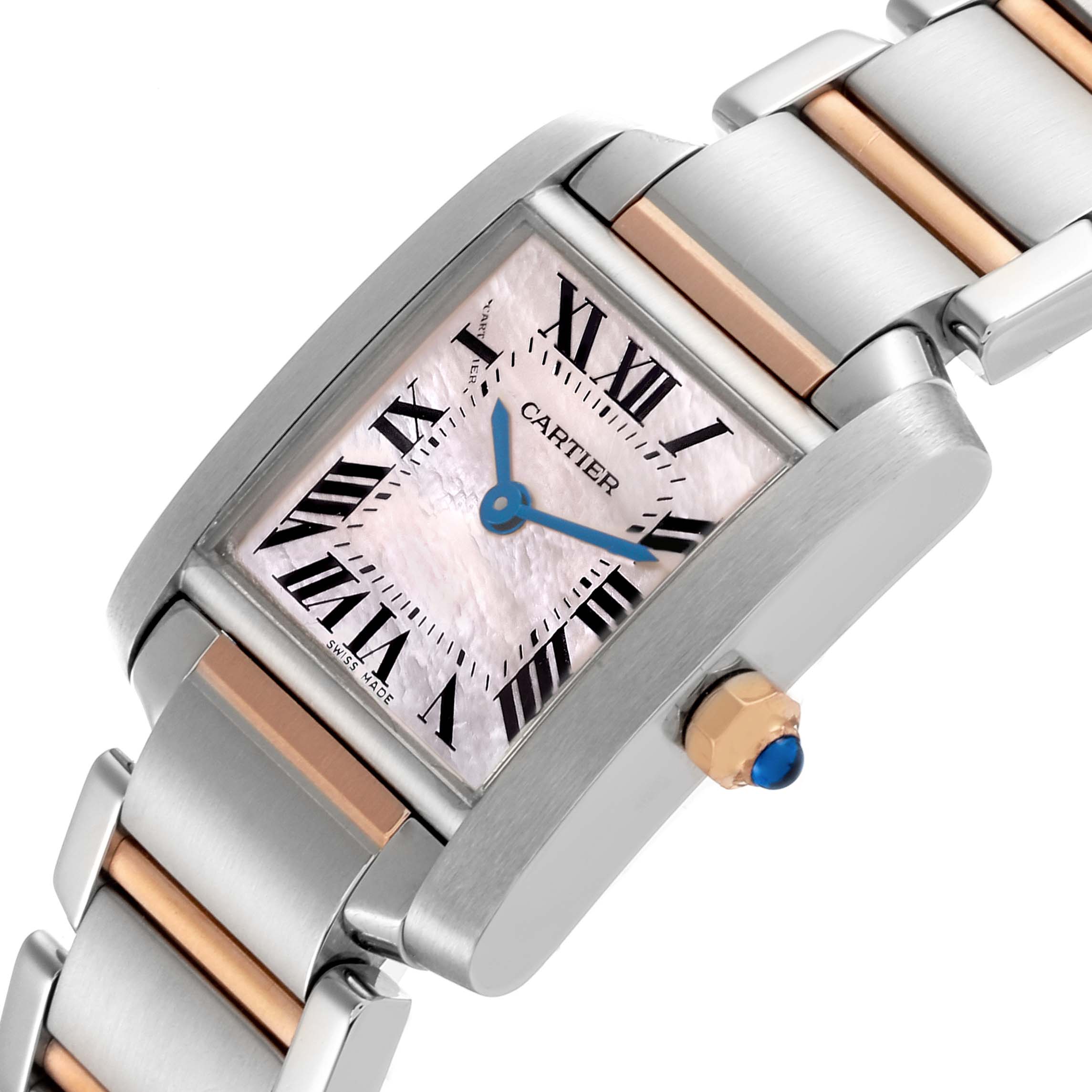 The Cartier Tank Française watch is shown at an angle highlighting the face, crown, and bracelet links.