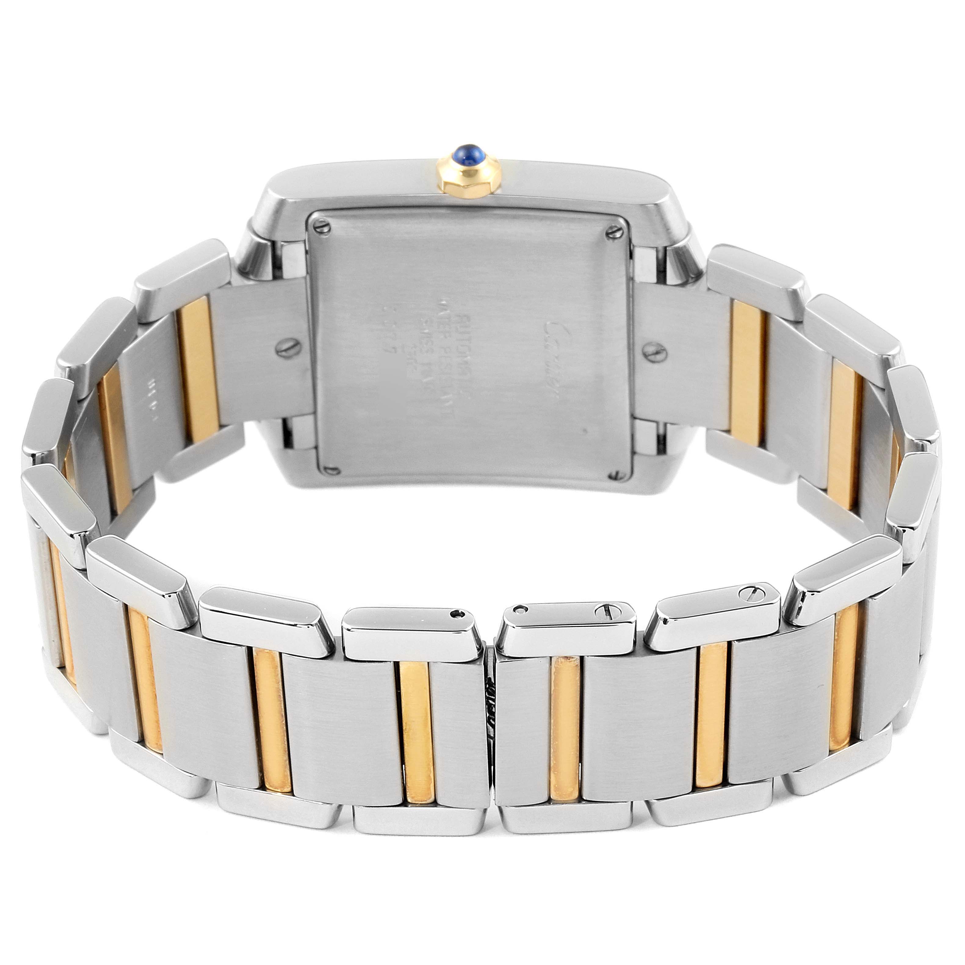 This image shows the back side of a Cartier Tank Francaise W51005Q4 Men's Steel and Gold (two tone) Silver Dial W51005Q4 Men's Steel and Gold (two tone) Silver Dial watch, highlighting its stainless steel and gold bracelet.