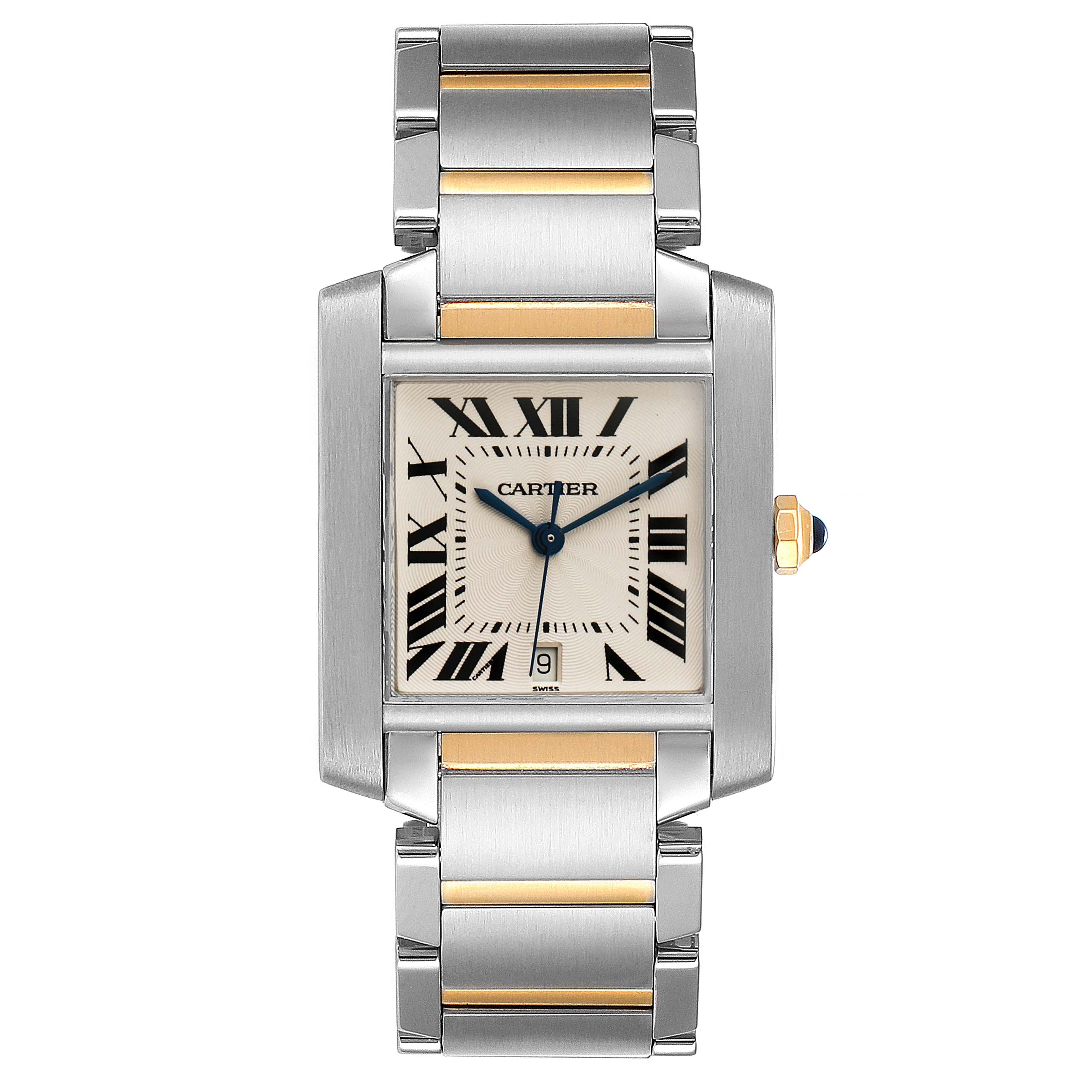 The image shows a front view of the Cartier Tank Francaise W51005Q4 Men's Steel and Gold (two tone) Silver Dial W51005Q4 Men's Steel and Gold (two tone) Silver Dial watch, highlighting its rectangular face and metallic bracelet.