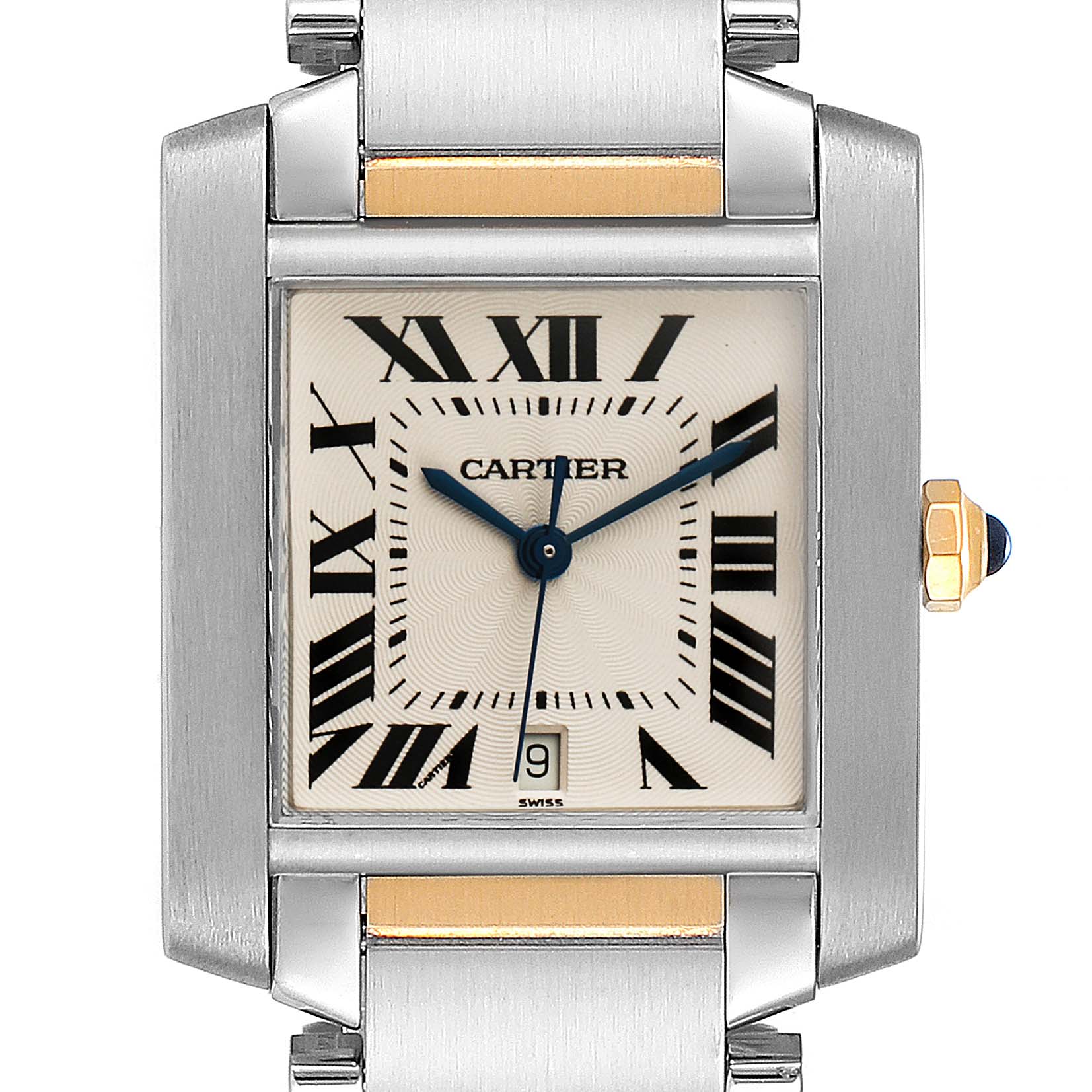 The image shows a front view of the Cartier Tank Française watch face, with a visible date window and metal bracelet.
