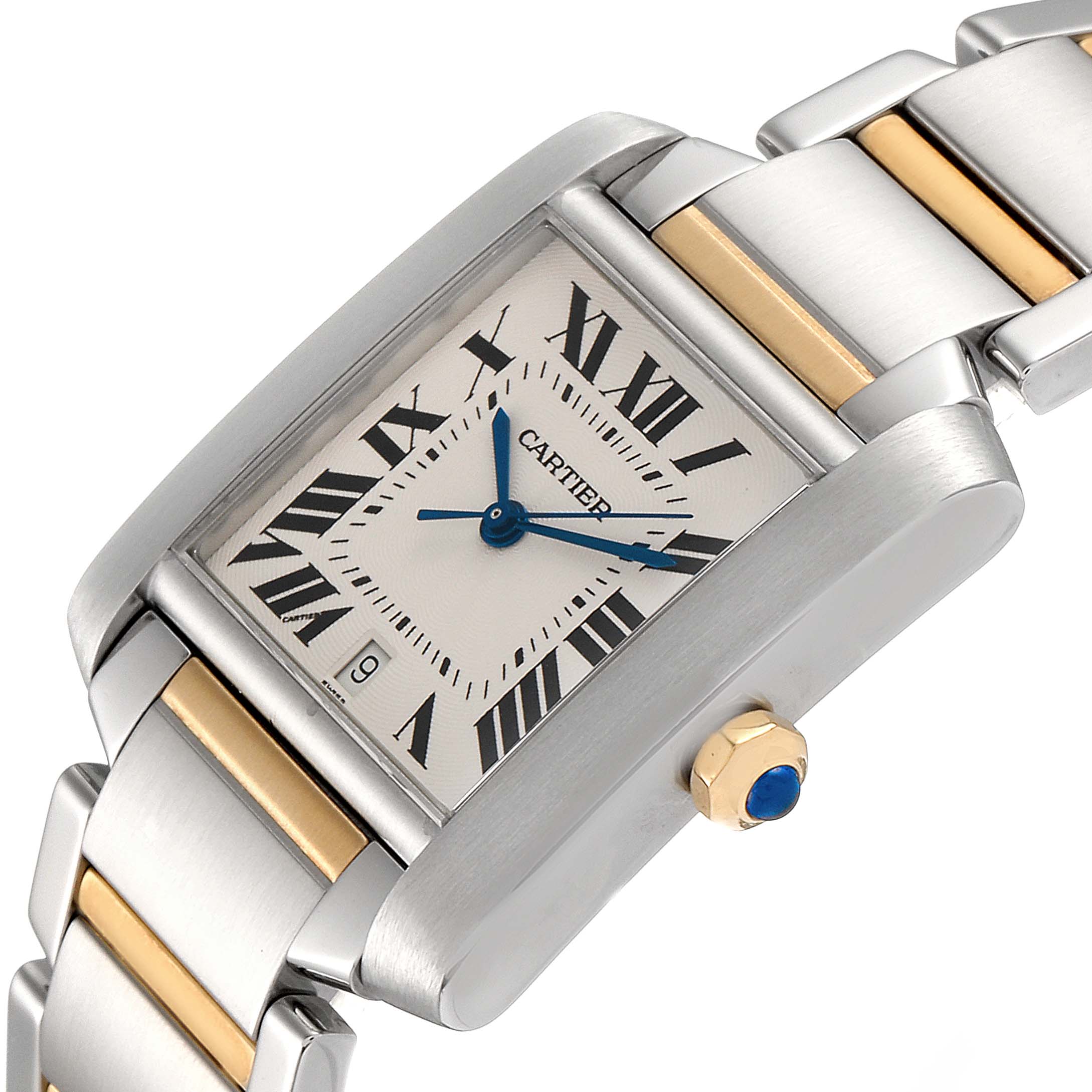 The image shows a close-up, angled view of the Cartier Tank Francaise W51005Q4 Men's Steel and Gold (two tone) Silver Dial W51005Q4 Men's Steel and Gold (two tone) Silver Dial watch, highlighting the dial, crown, and part of the bracelet.