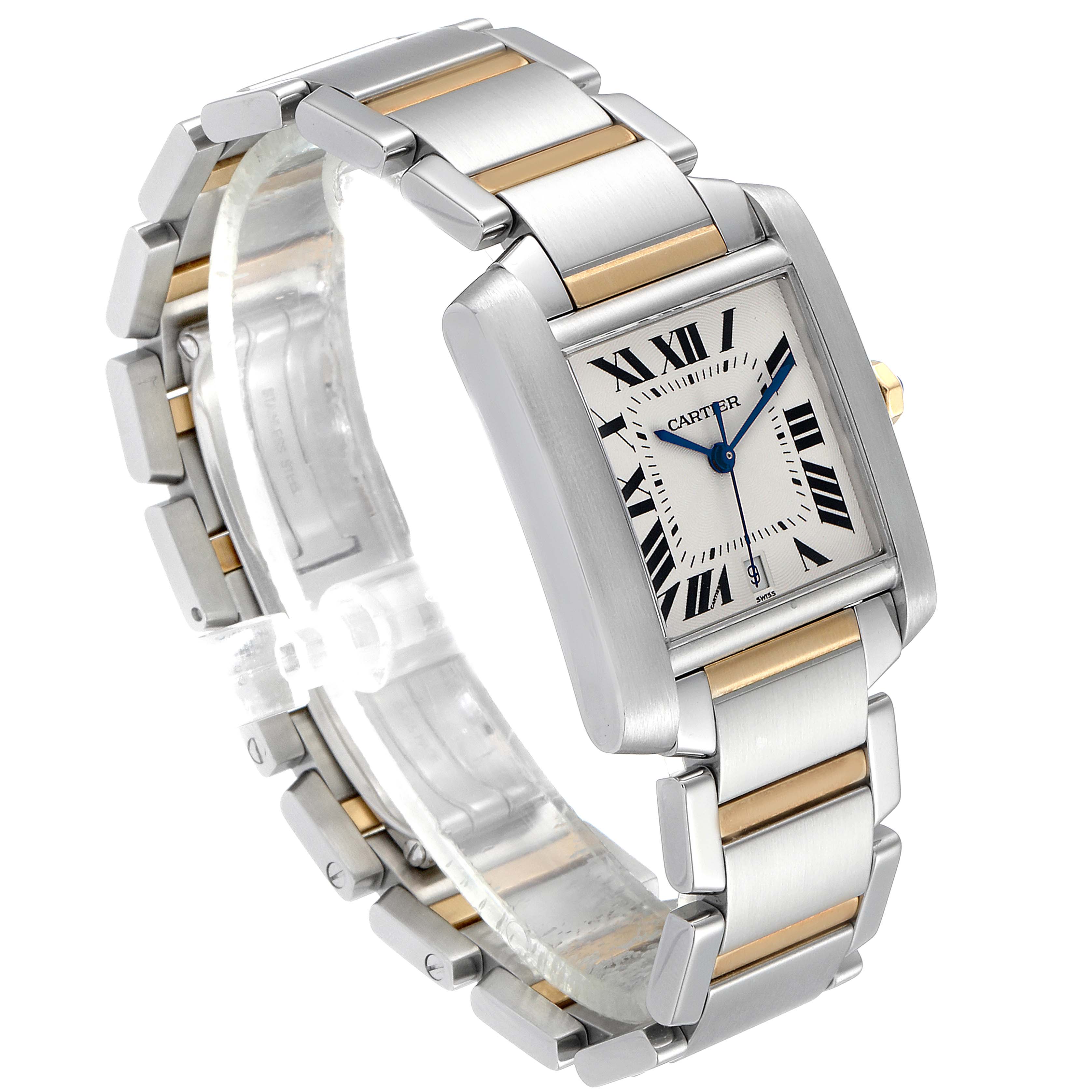 The image shows a Cartier Tank Française watch angled from the front and side, highlighting its dial, bracelet, and bezel.