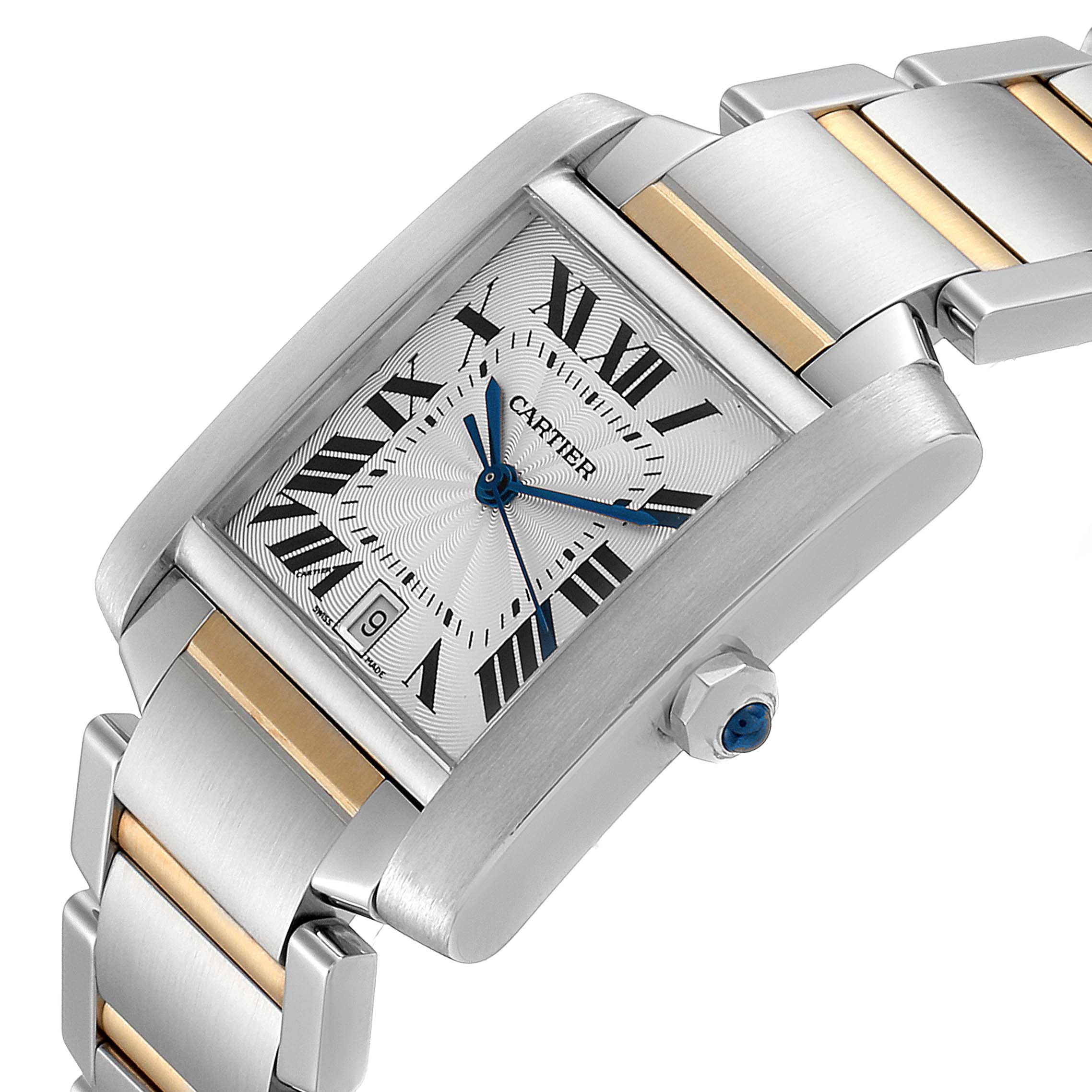 This image shows a close-up view of the face and bracelet of a Cartier Tank Française watch, highlighting the bezel, dial, crown, and two-tone strap.