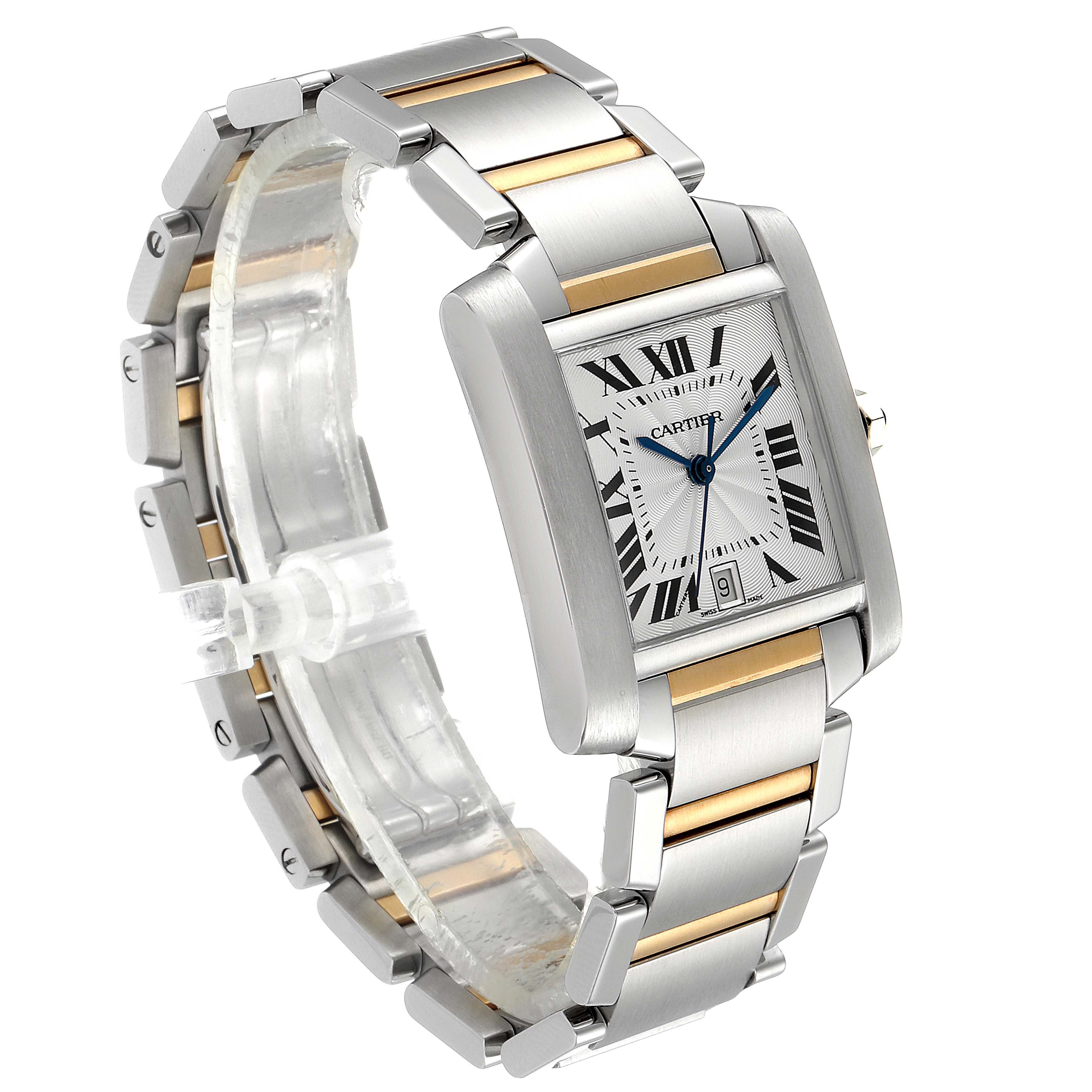 The image shows a Cartier Tank Française watch at a three-quarter angle, highlighting its rectangular face and two-tone band.