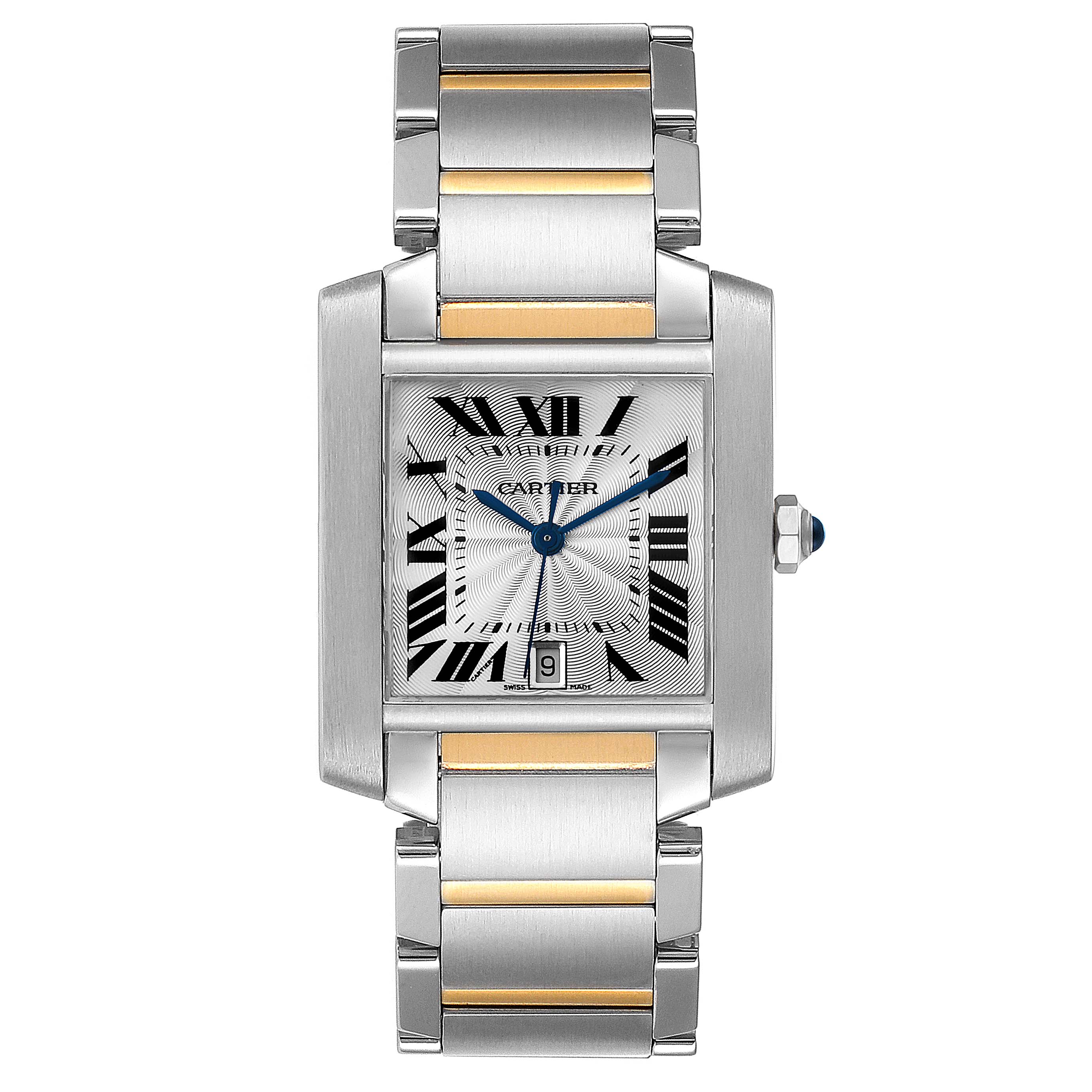 The image shows a front view of the Cartier Tank Francaise W51005Q4 Men's Steel and Gold (two tone) Silver Dial W51005Q4 Men's Steel and Gold (two tone) Silver Dial watch, highlighting its face, Roman numerals, and metal bracelet.