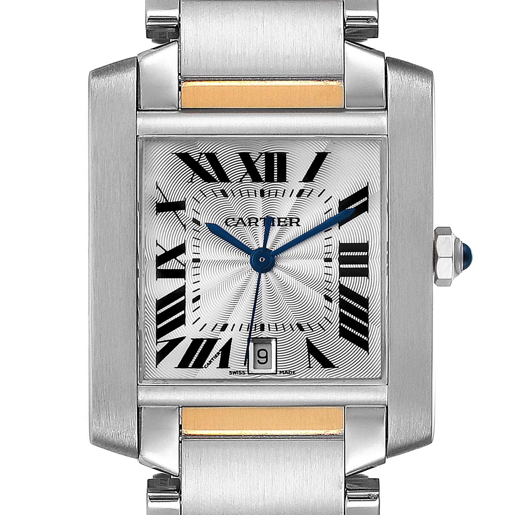 This image shows a front view of the Cartier Tank Française watch, highlighting its dial, Roman numerals, hands, and date window.