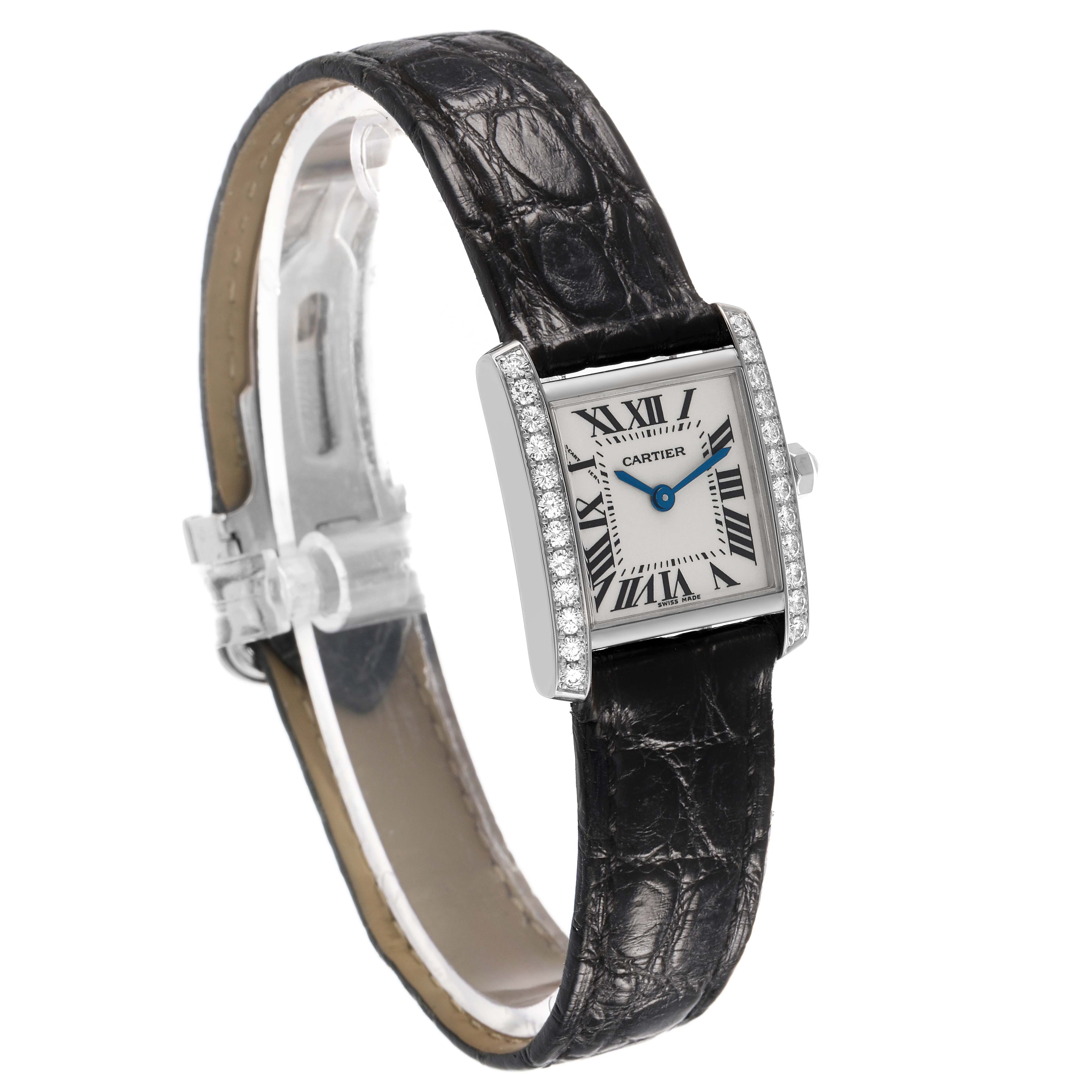 The Cartier Tank Francaise WE100251 Women's White Gold Silver Dial watch is shown at a three-quarter angle, displaying the face, bezel, strap, and crown.