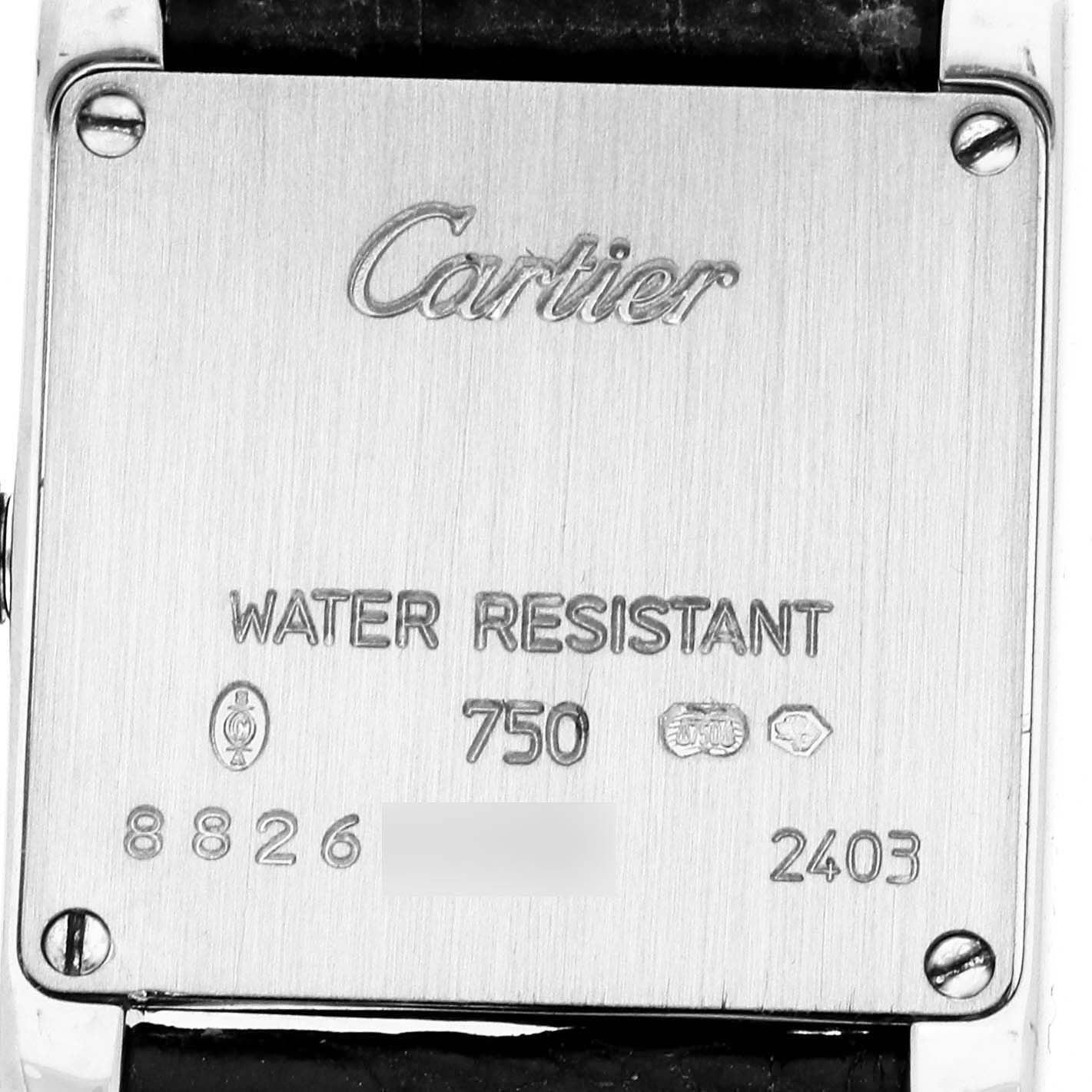 The image shows the back case of a Cartier Tank Francaise WE100251 Women's White Gold Silver Dial watch, displaying branding, material, and water resistance details.