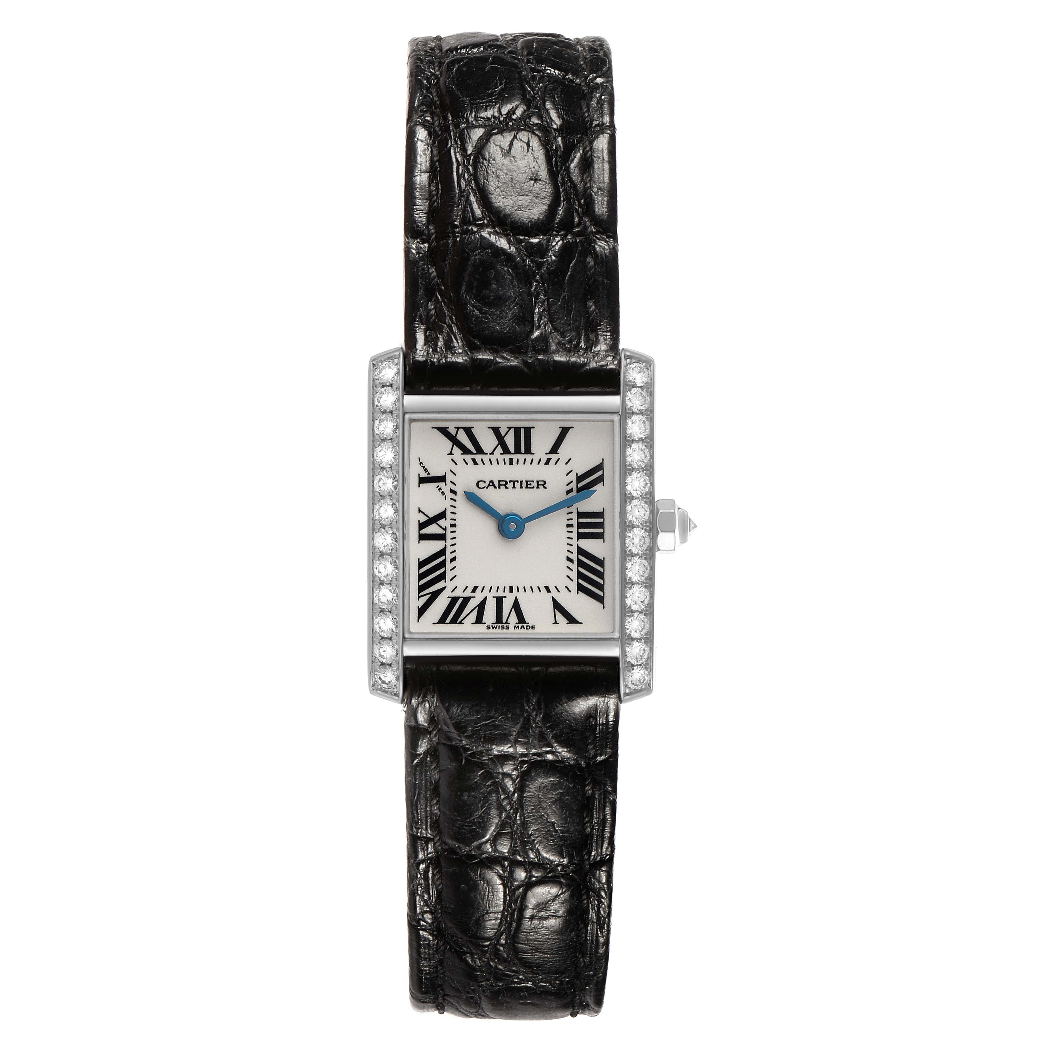 The Cartier Tank Francaise WE100251 Women's White Gold Silver Dial watch is shown from the front, displaying the face, strap, and side diamonds.