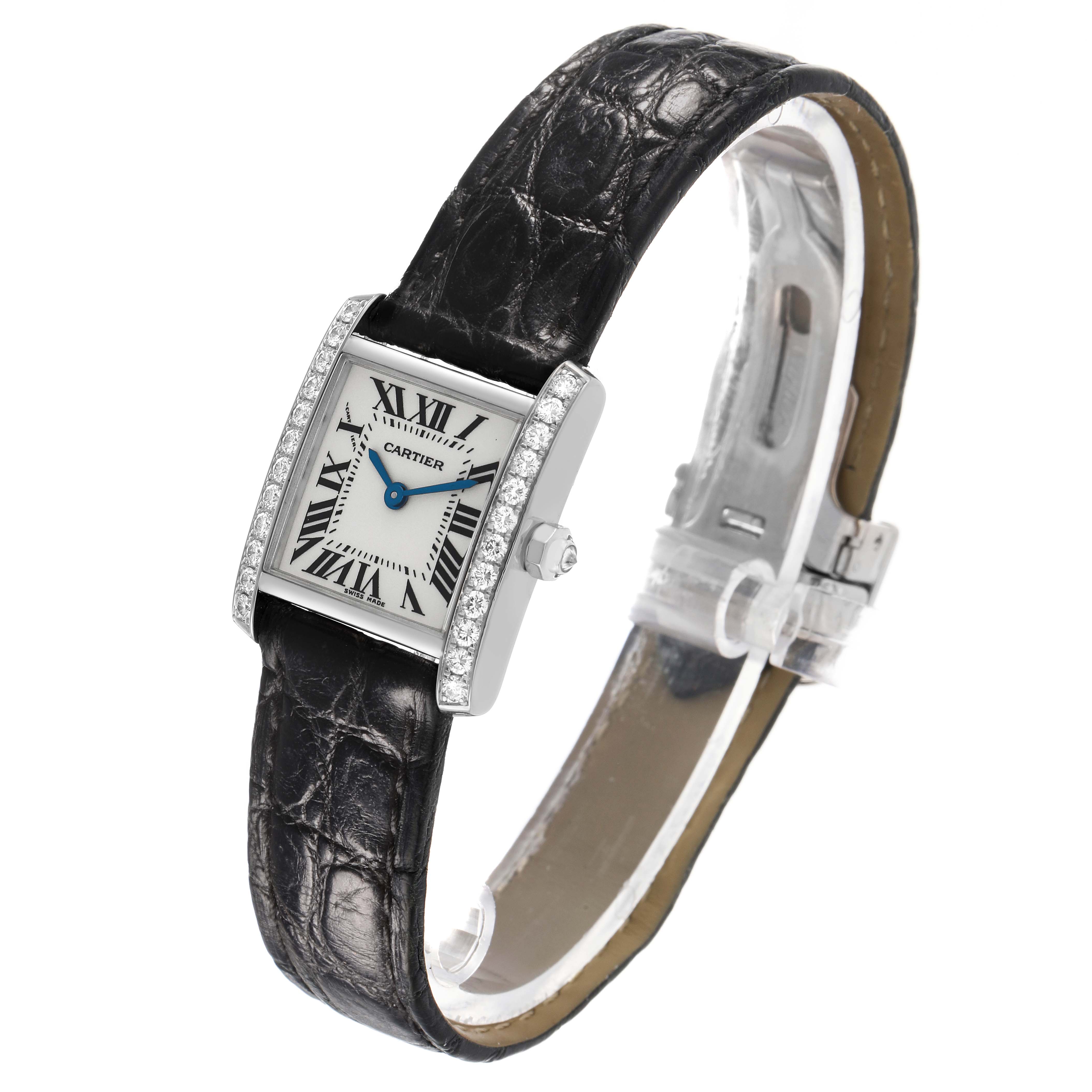 The Cartier Tank Francaise WE100251 Women's White Gold Silver Dial watch is shown at a three-quarter angle, highlighting its dial, strap, and side profile.