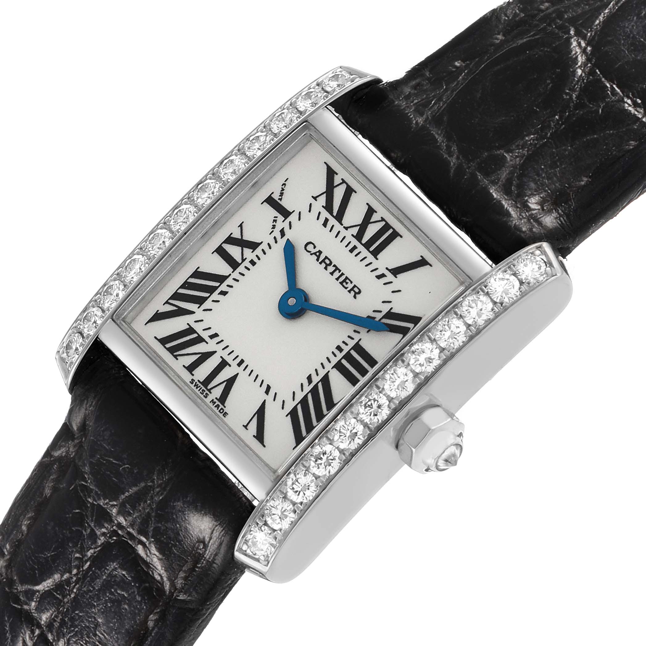 The image shows a Cartier Tank Francaise WE100251 Women's White Gold Silver Dial watch at an angled view, highlighting its diamond-set bezel, Roman numerals, and black strap.
