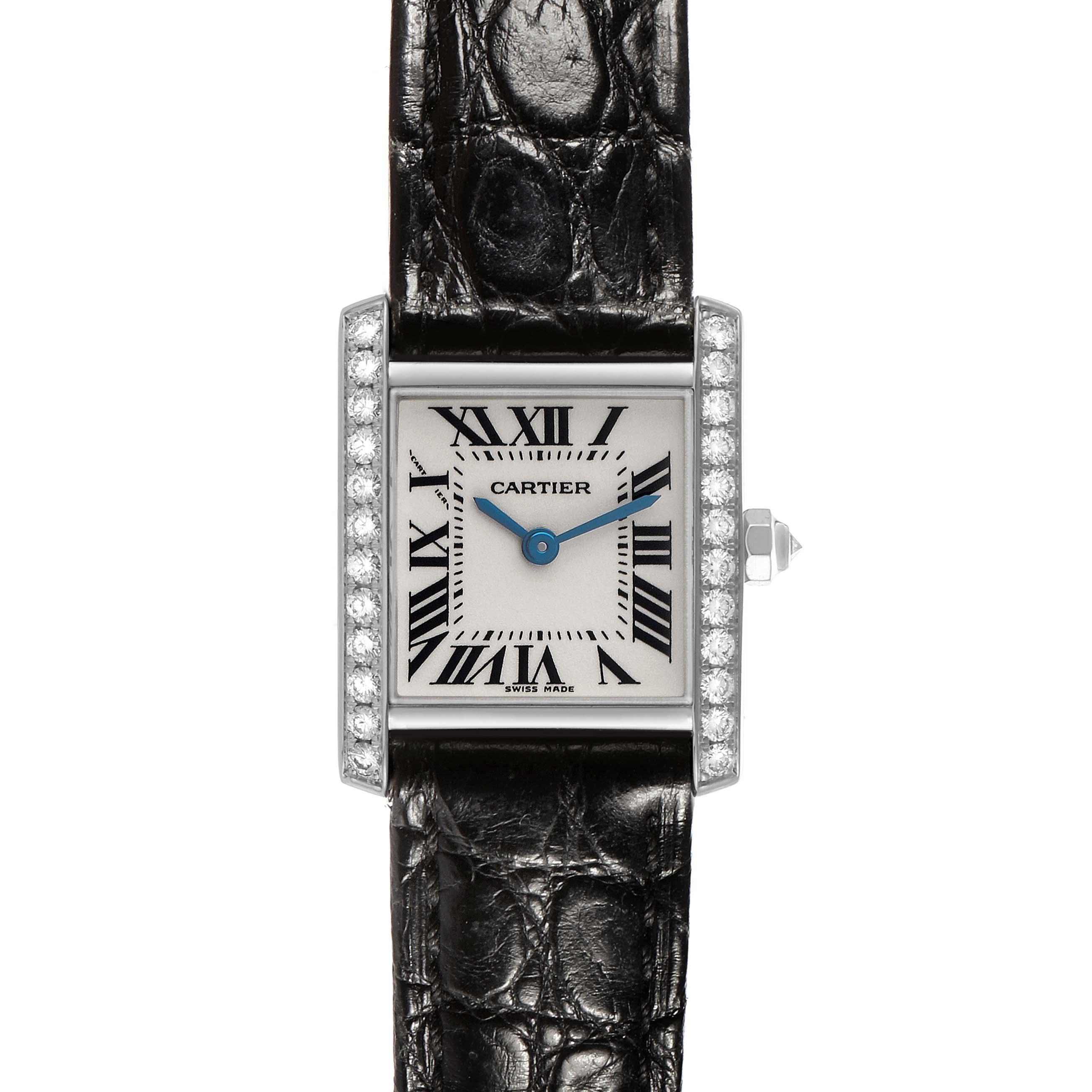 The Cartier Tank Française watch is shown from the front, highlighting its face, strap, and diamond-set bezel.