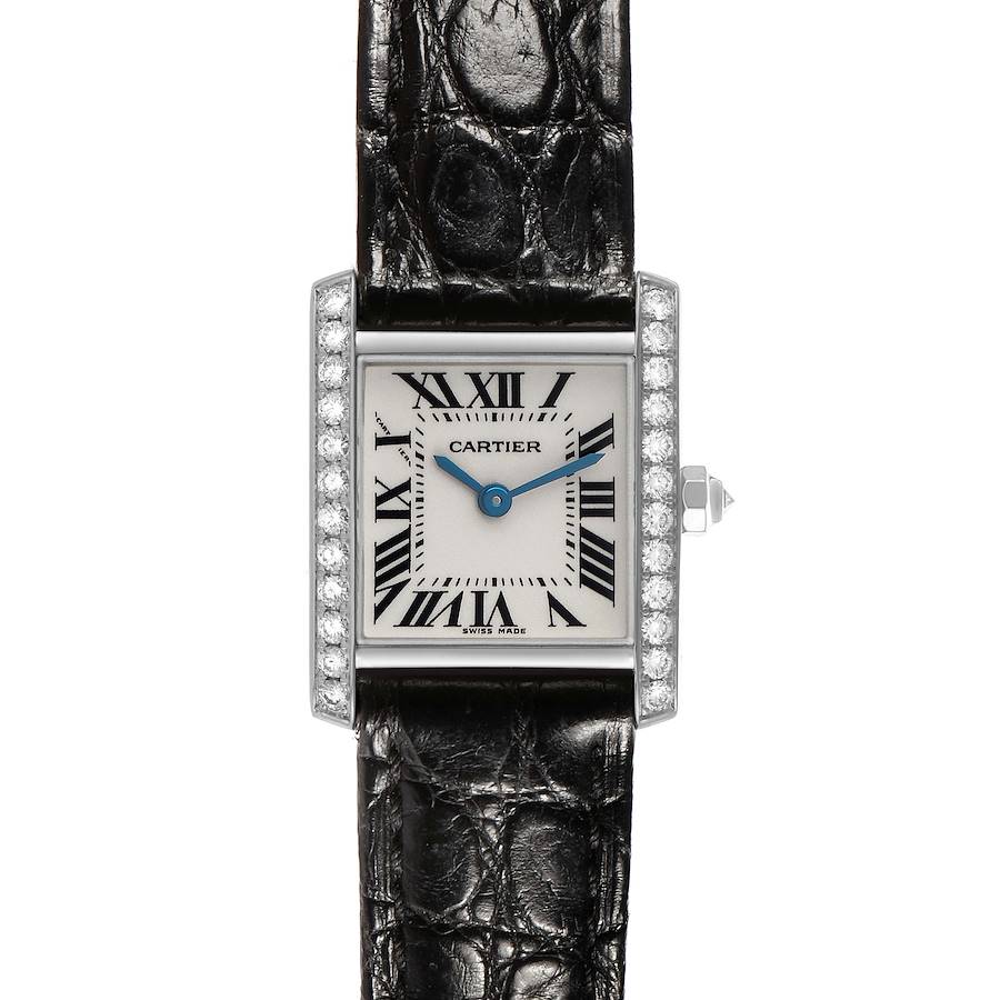 The Cartier Tank Française watch is shown from the front, highlighting its face, strap, and diamond-set bezel.