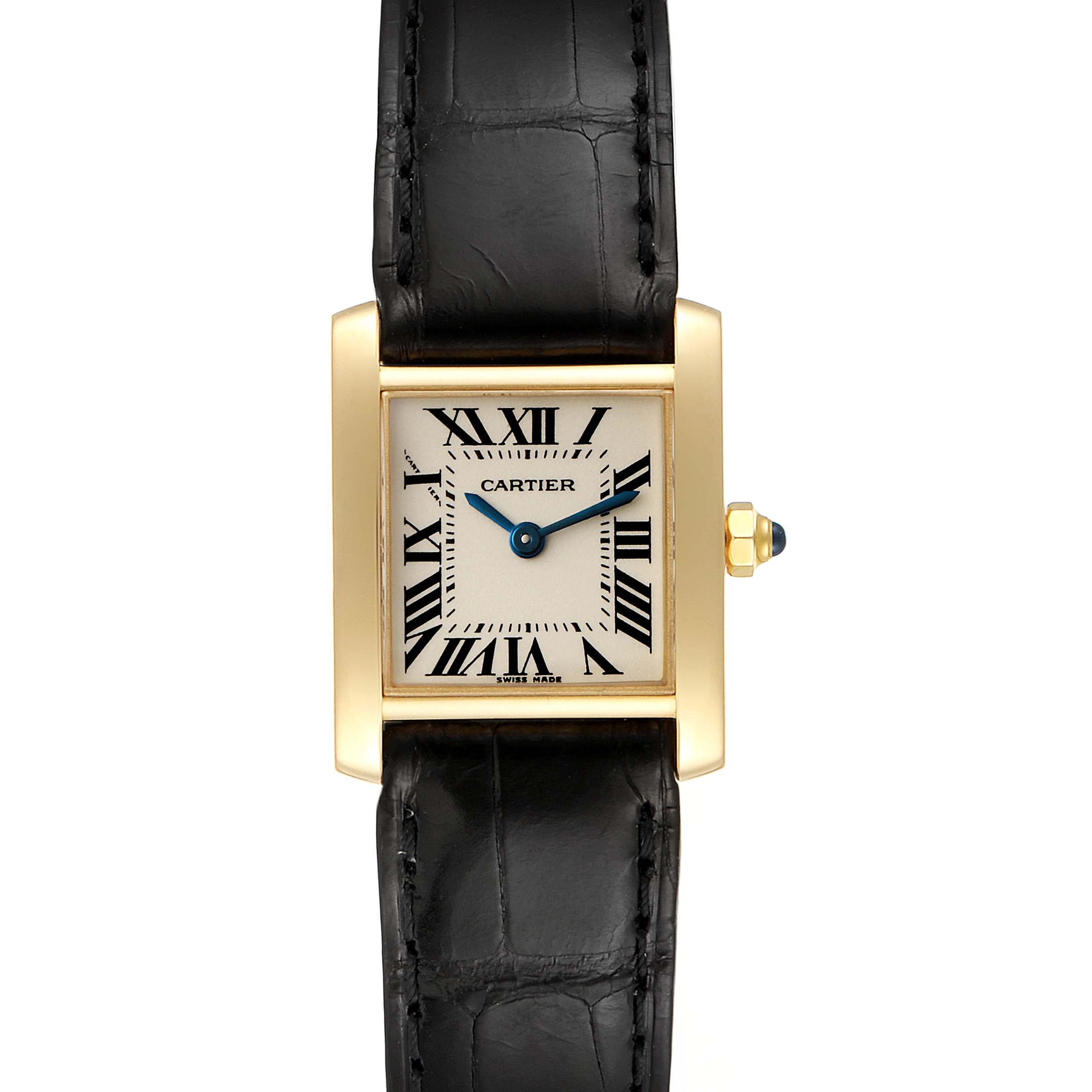 The image shows a front view of the Cartier Tank Francaise W5000256 Women's Yellow Gold Silver Dial W5000256 Women's Yellow Gold Silver Dial watch, highlighting the face, bezel, hands, and leather strap.