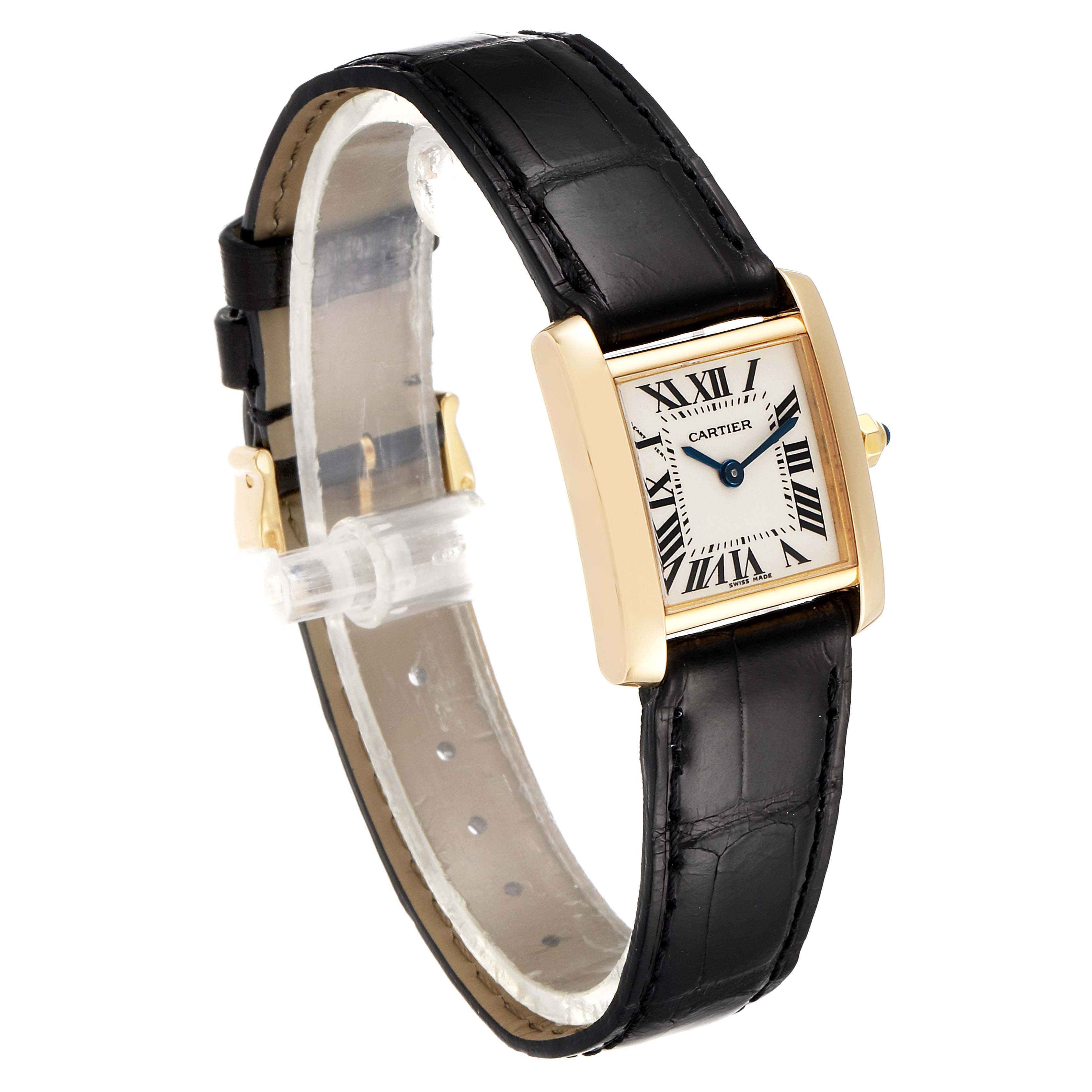 The image shows a Cartier Tank Francaise W5000256 Women's Yellow Gold Silver Dial W5000256 Women's Yellow Gold Silver Dial watch from an angled side view, highlighting its rectangular dial and leather strap.