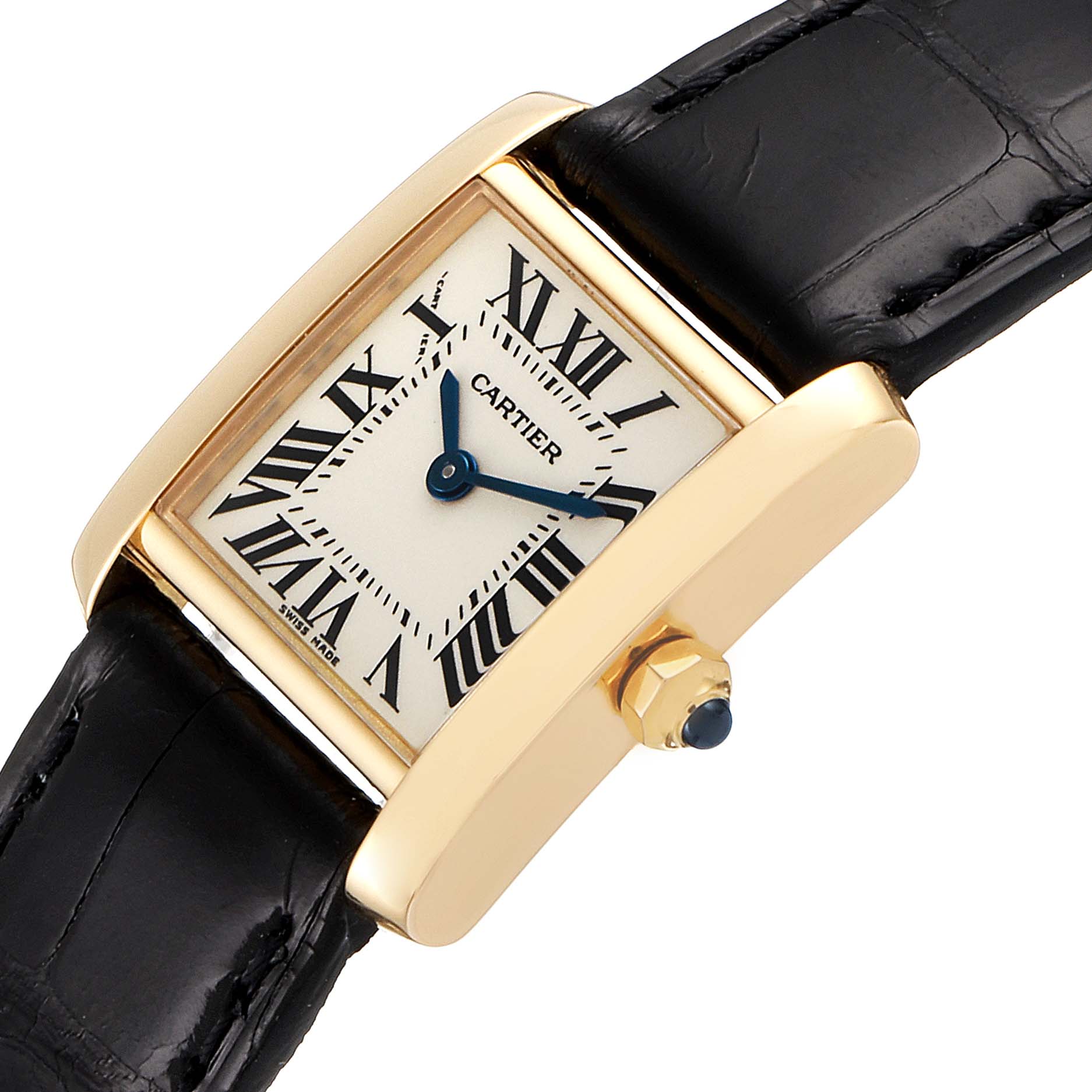 The image shows a Cartier Tank Française watch at a slight angle, displaying the dial, case, crown, and part of the leather strap.