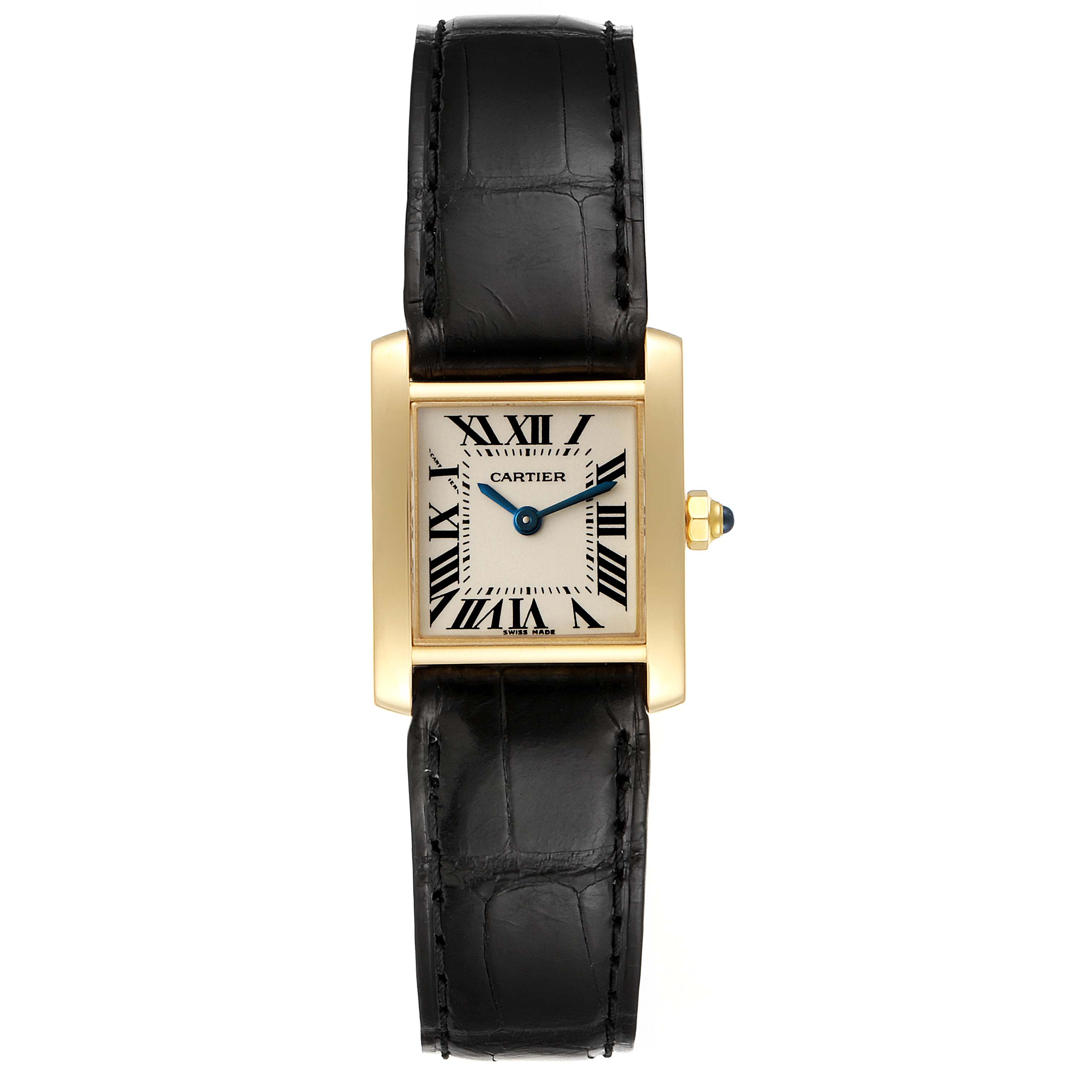 This image shows a front view of the Cartier Tank Francaise W5000256 Women's Yellow Gold Silver Dial W5000256 Women's Yellow Gold Silver Dial watch, including the dial, casing, and black leather strap.