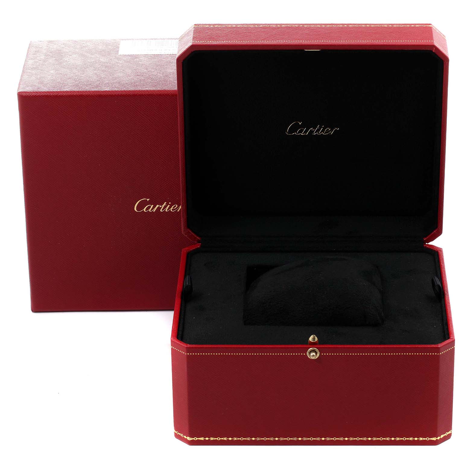 This image shows the open red box and outer packaging for a Cartier Tank Francaise W5000256 Women's Yellow Gold Silver Dial W5000256 Women's Yellow Gold Silver Dial watch.
