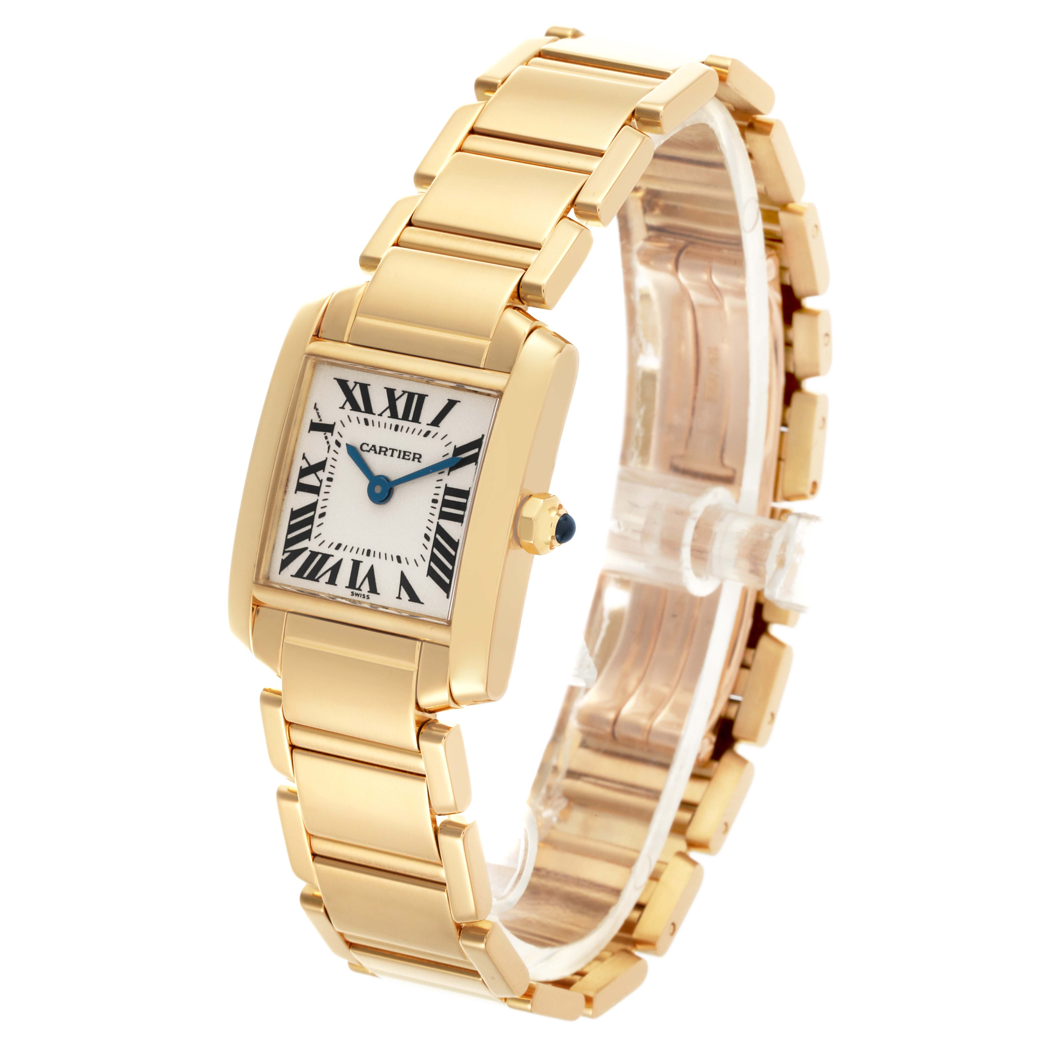 The Cartier Tank Francaise W50002N2 Women's Yellow Gold White Dial W50002N2 Women's Yellow Gold White Dial watch is shown at a slight angle, displaying the face, bracelet, and crown.