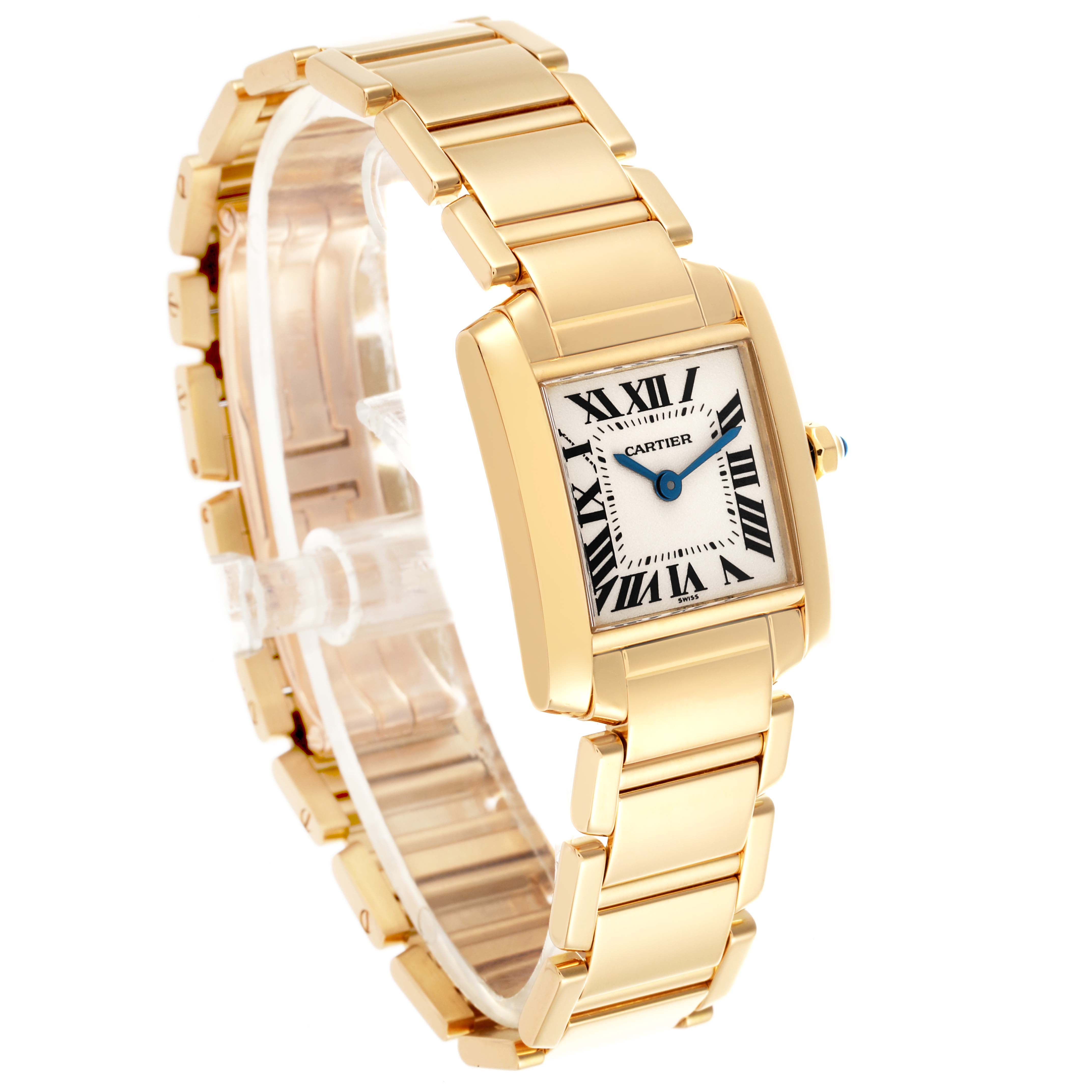 The Cartier Tank Francaise W50002N2 Women's Yellow Gold White Dial W50002N2 Women's Yellow Gold White Dial watch is shown at a three-quarter angle, displaying its face, bezel, and bracelet.