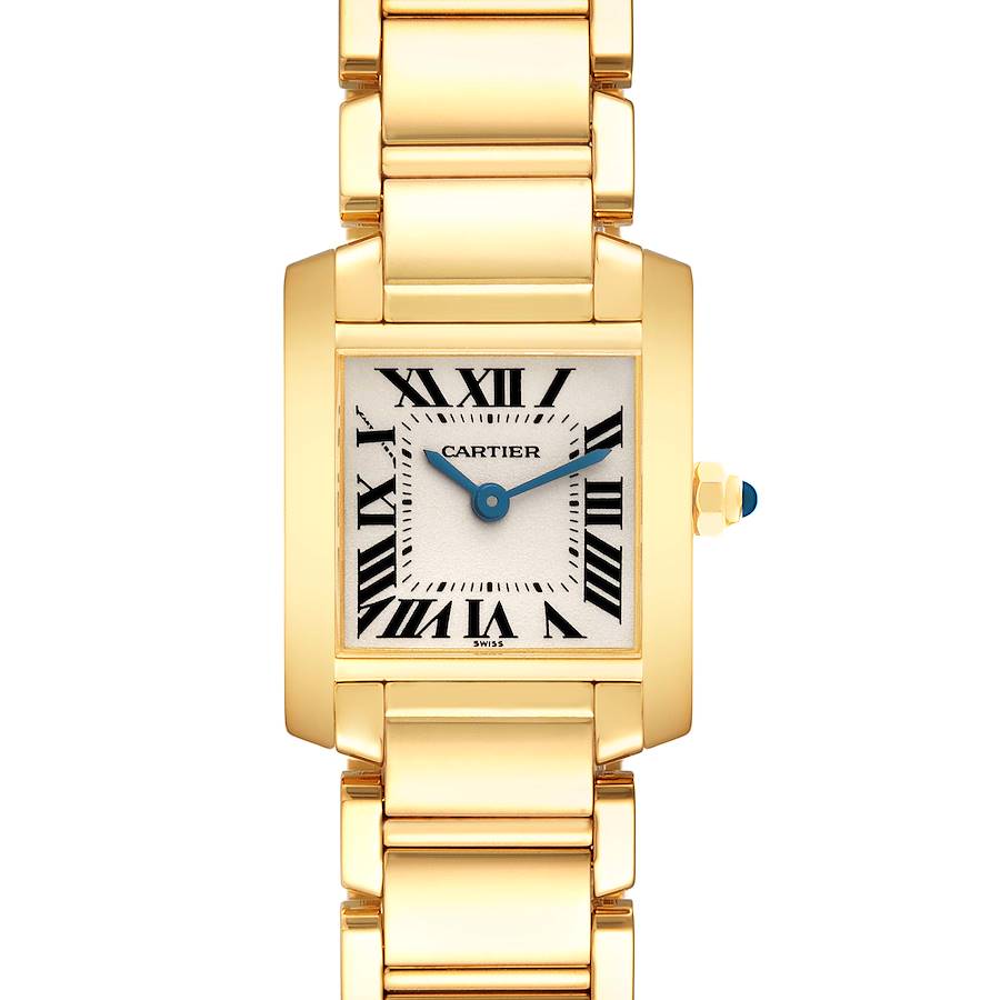 The image shows a front view of the Cartier Tank Francaise watch, highlighting the gold bracelet, square face, and Roman numerals.