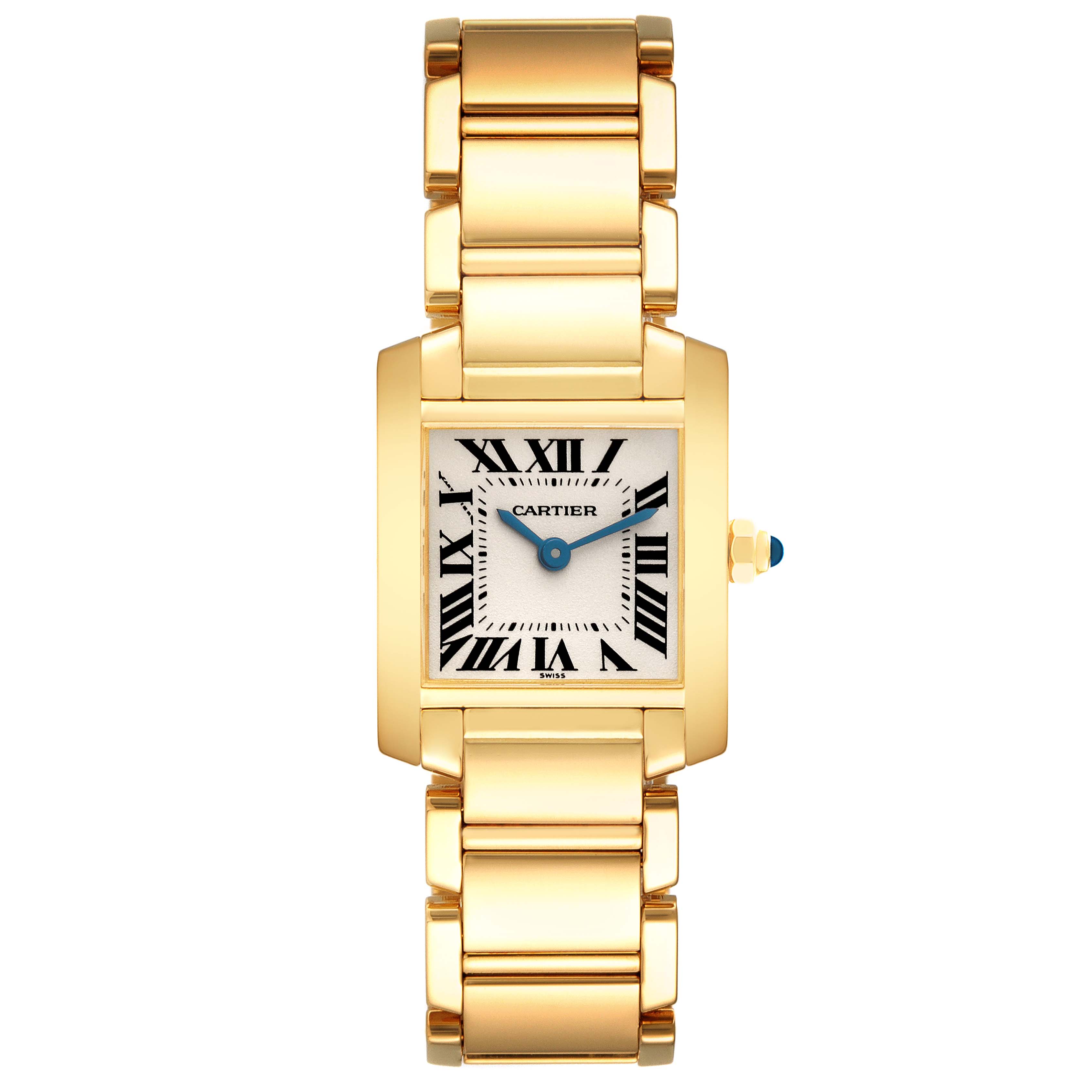 The Cartier Tank Française watch is shown from the front, highlighting its gold case and bracelet.