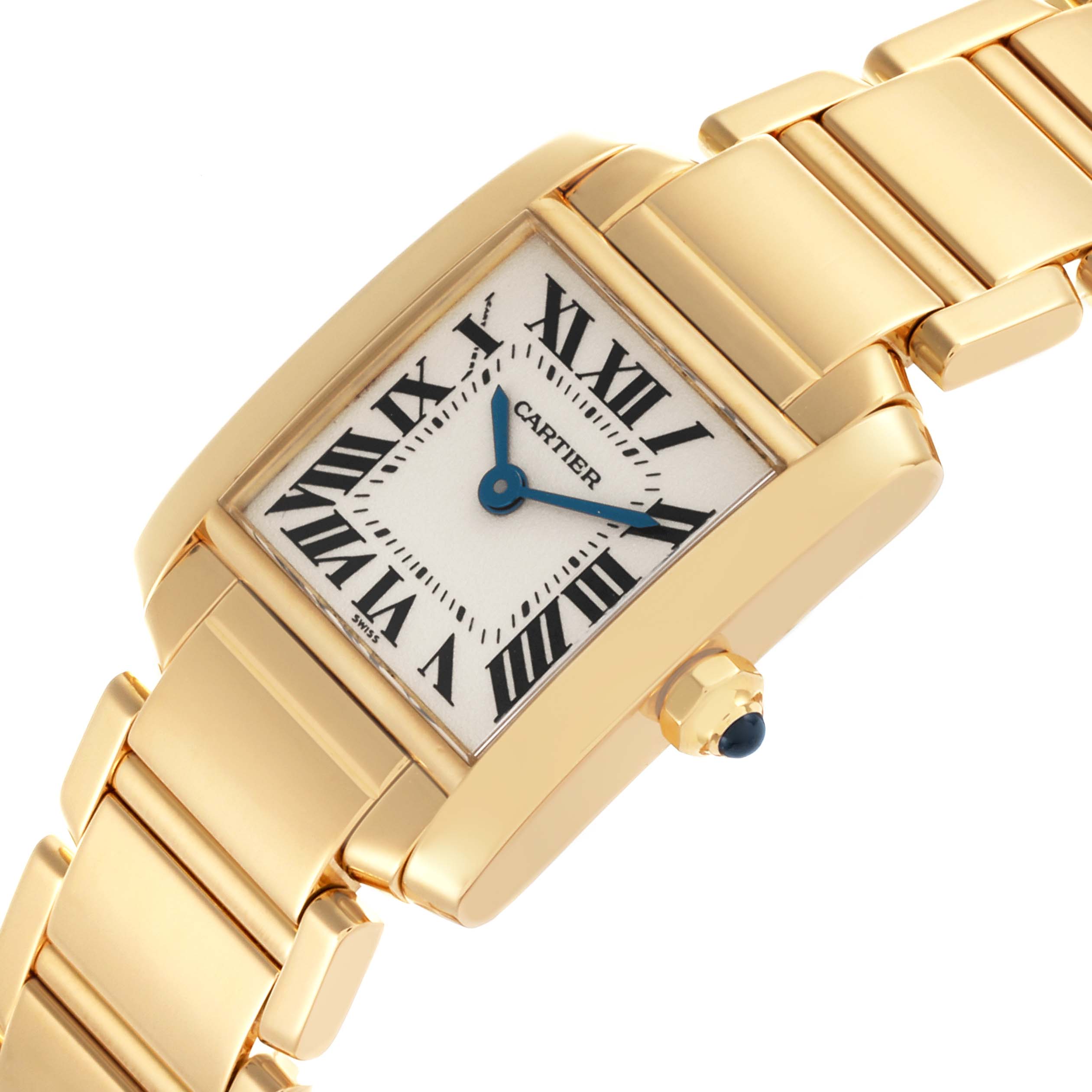 The Cartier Tank Francaise W50002N2 Women's Yellow Gold White Dial W50002N2 Women's Yellow Gold White Dial watch is shown from an angled view highlighting the face, crown, and bracelet links.