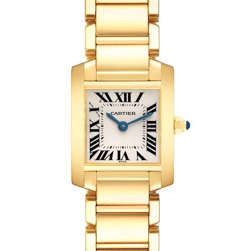 The Cartier Tank Française is shown from the front, highlighting its rectangular face, Roman numerals, and metal bracelet.