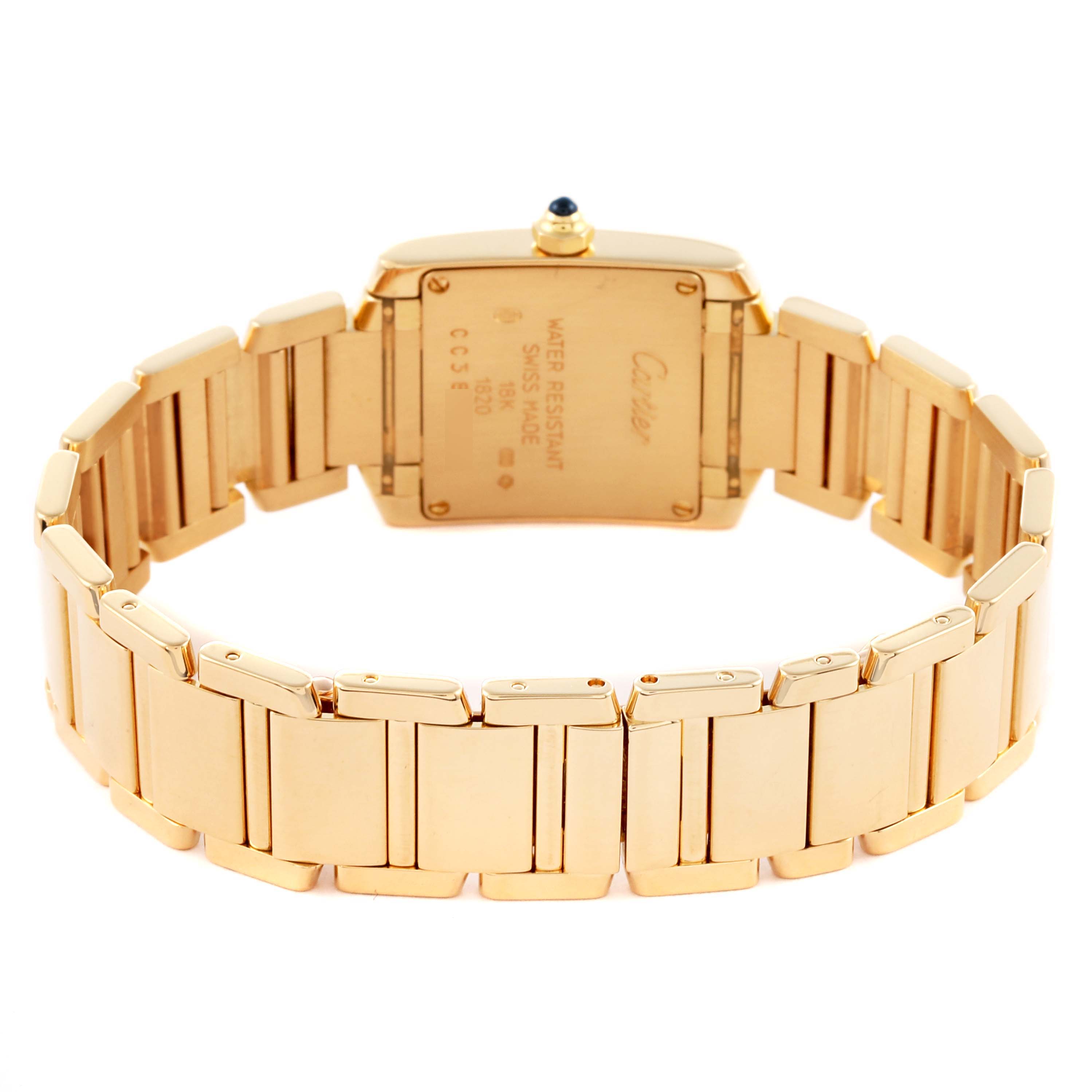 The image shows the back view of the Cartier Tank Française watch, highlighting the gold bracelet and case back details.