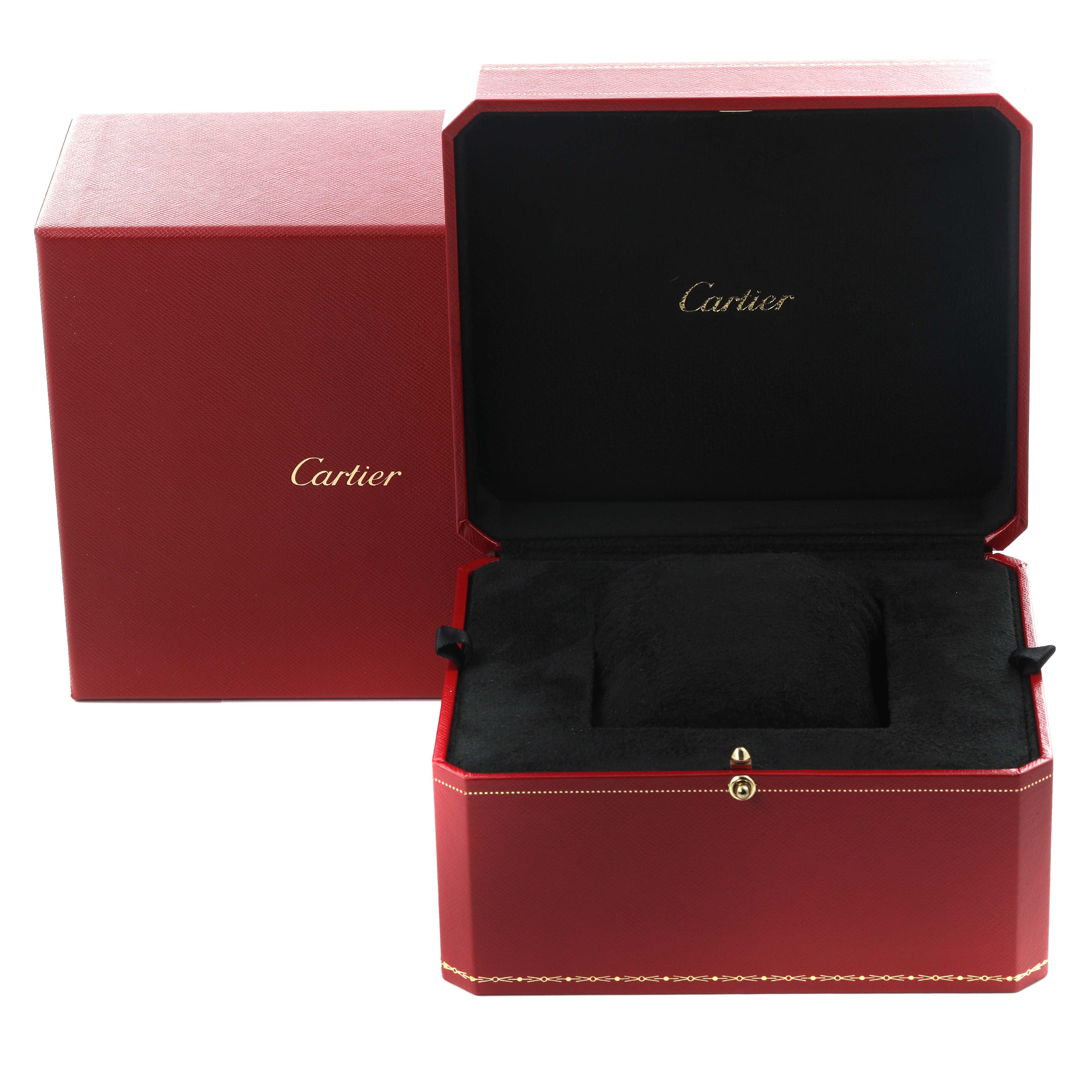 This image shows an open Cartier watch box for the Tank Française model, revealing a black interior.