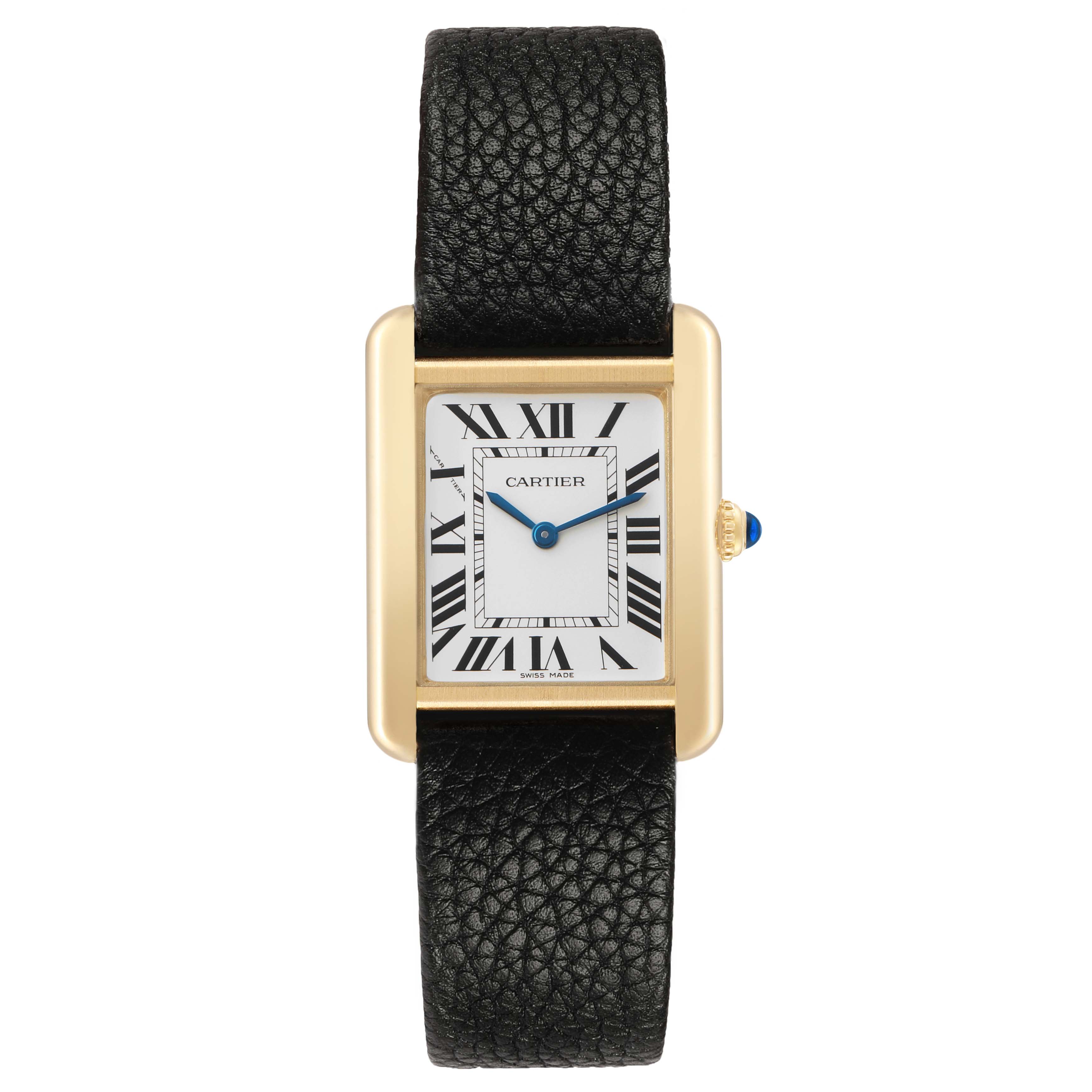 The Cartier Tank Solo W5200002 Women's Yellow Gold Silver Dial watch is shown from a top-down angle, highlighting its rectangular face, Roman numerals, and black leather strap.