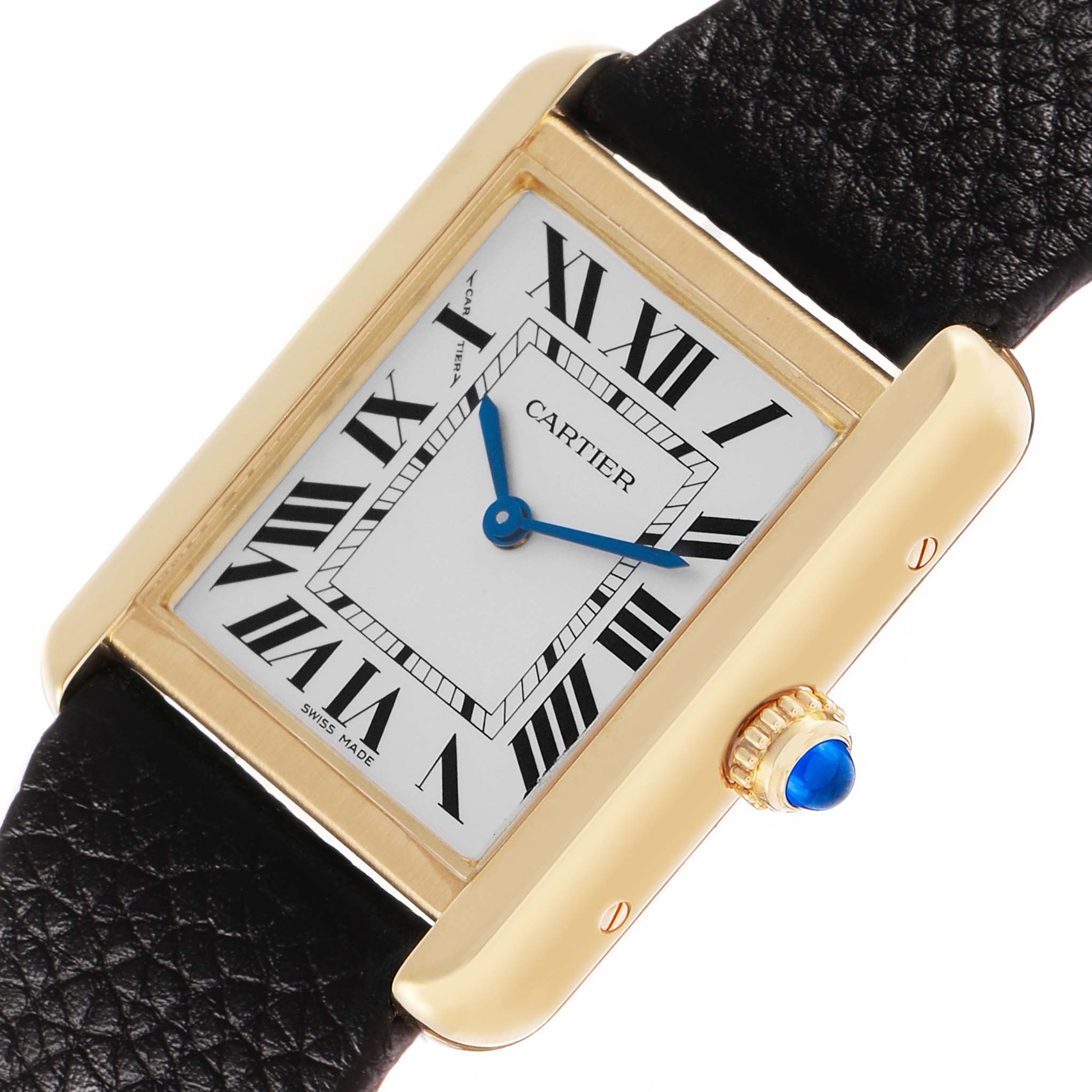 The Cartier Tank Solo W5200002 Women's Yellow Gold Silver Dial watch is shown at an angled top view, highlighting its rectangular dial, gold casing, and leather strap.