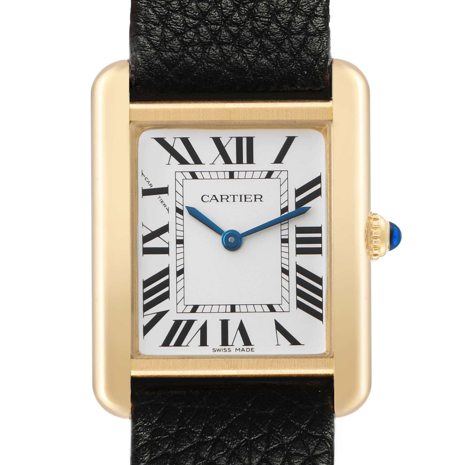 The Cartier Tank Solo W5200002 Women's Yellow Gold Silver Dial watch is shown from a front angle, highlighting the dial, Roman numerals, and blue hands.
