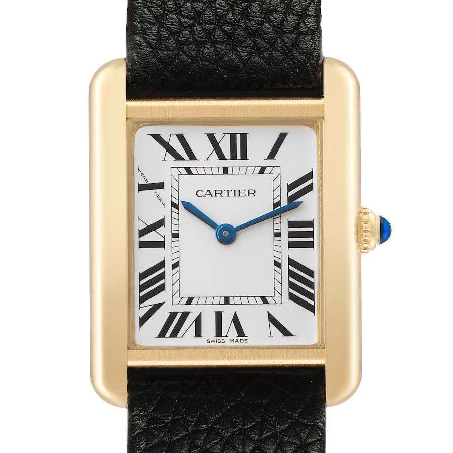 The Cartier Tank Solo W5200002 Women's Yellow Gold Silver Dial watch is shown from a front angle, highlighting the dial, Roman numerals, and blue hands.