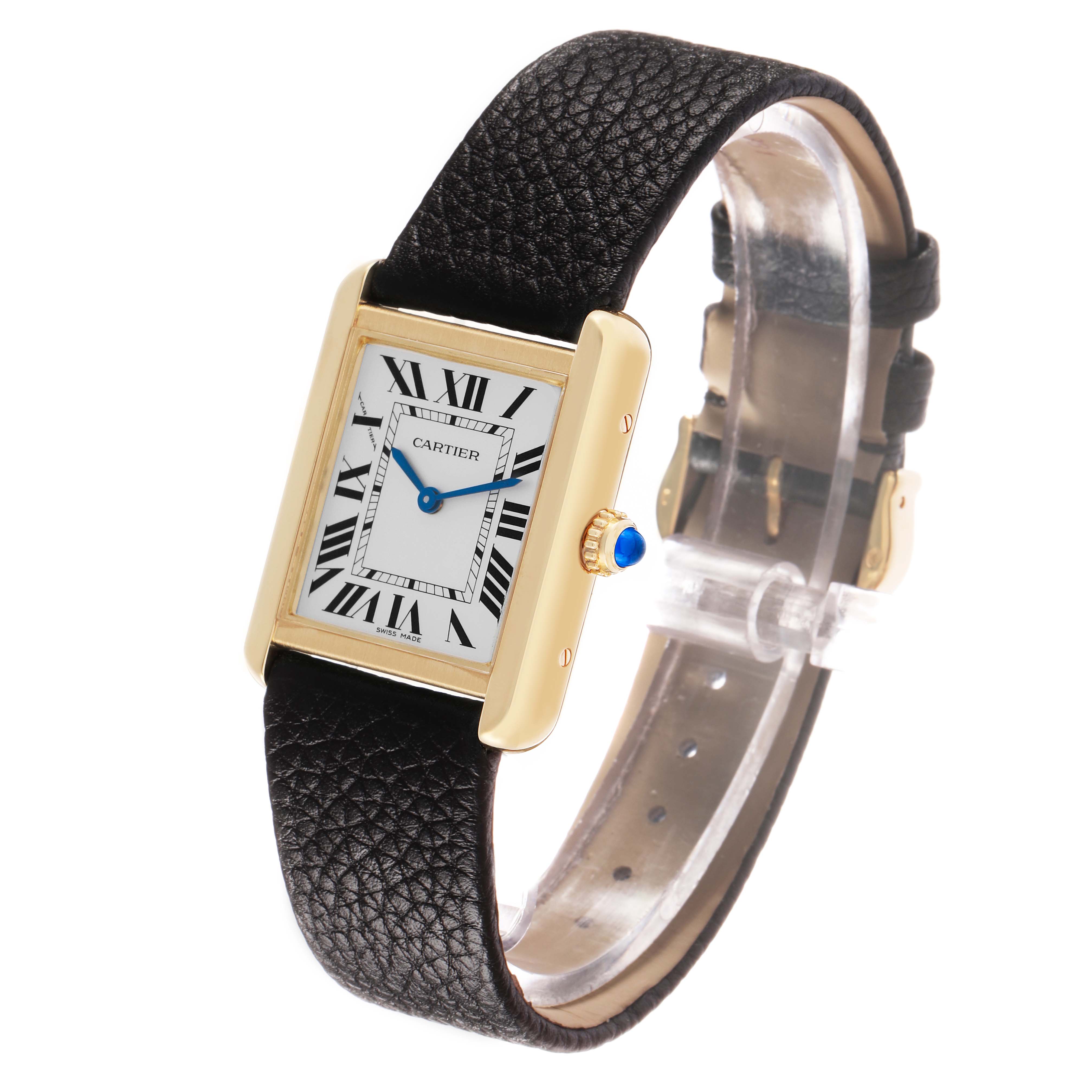 The Cartier Tank Solo W5200002 Women's Yellow Gold Silver Dial watch is shown at an angle displaying its face, leather strap, and gold crown with a blue cabochon.