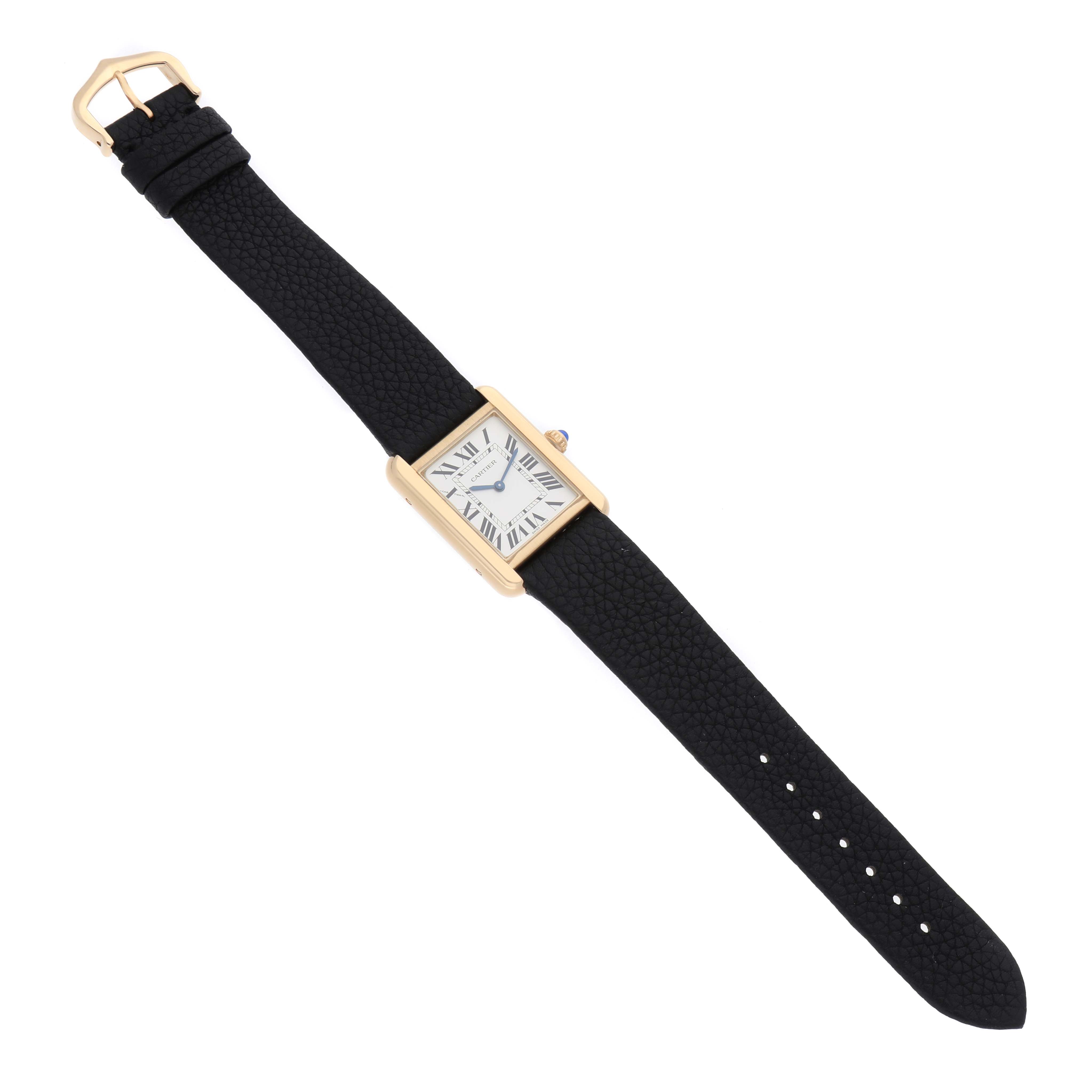 The Cartier Tank Solo W5200002 Women's Yellow Gold Silver Dial watch is shown from a top-down angle, displaying the entire band, rectangular face, and buckle.