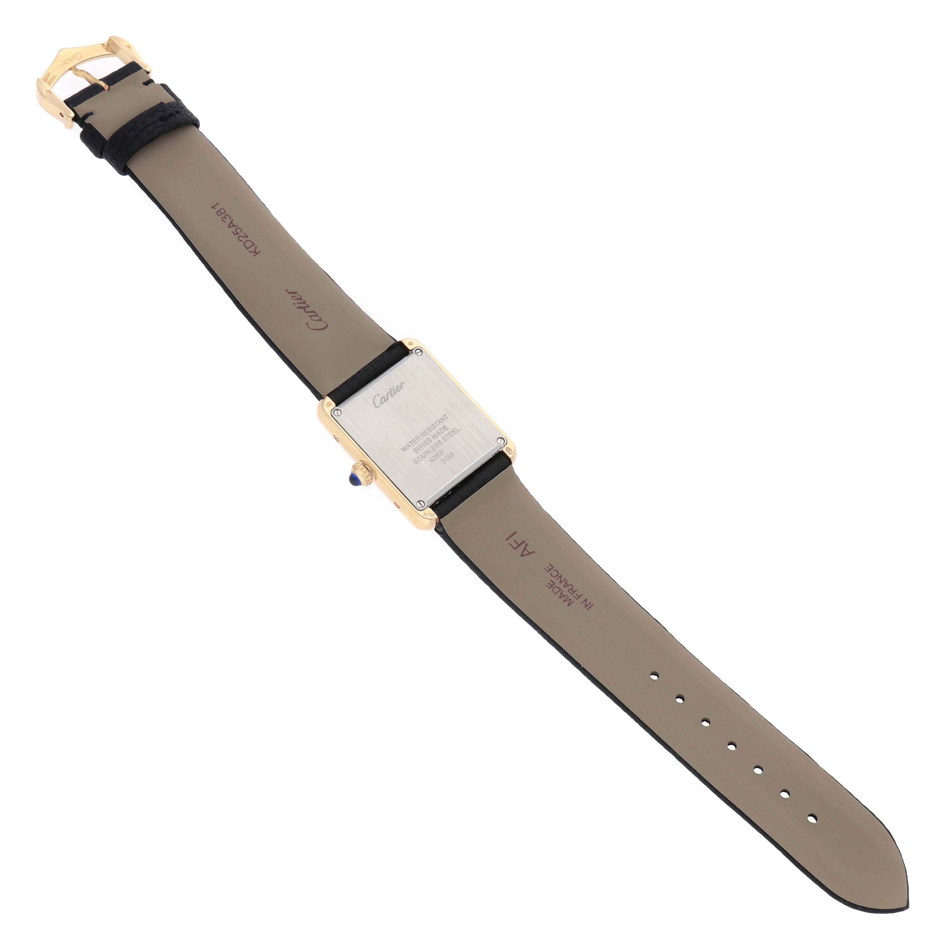 The Cartier Tank Solo W5200002 Women's Yellow Gold Silver Dial watch is shown from the back, displaying the case, strap, and buckle.