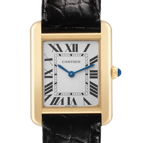 The Cartier Tank Solo W5200002 Women's Yellow Gold Silver Dial watch is shown from a front angle, highlighting the dial, Roman numeral indices, and gold casing.